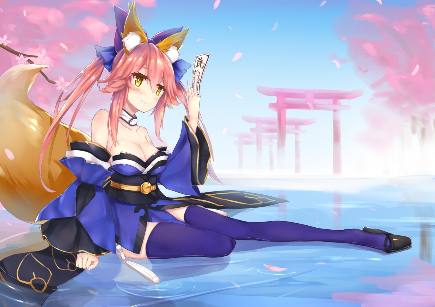 animal_ears cleavage fate/extra fate/grand_order fate/stay_night hohaku japanese_clothes tail tamamo_no_mae thighhighs