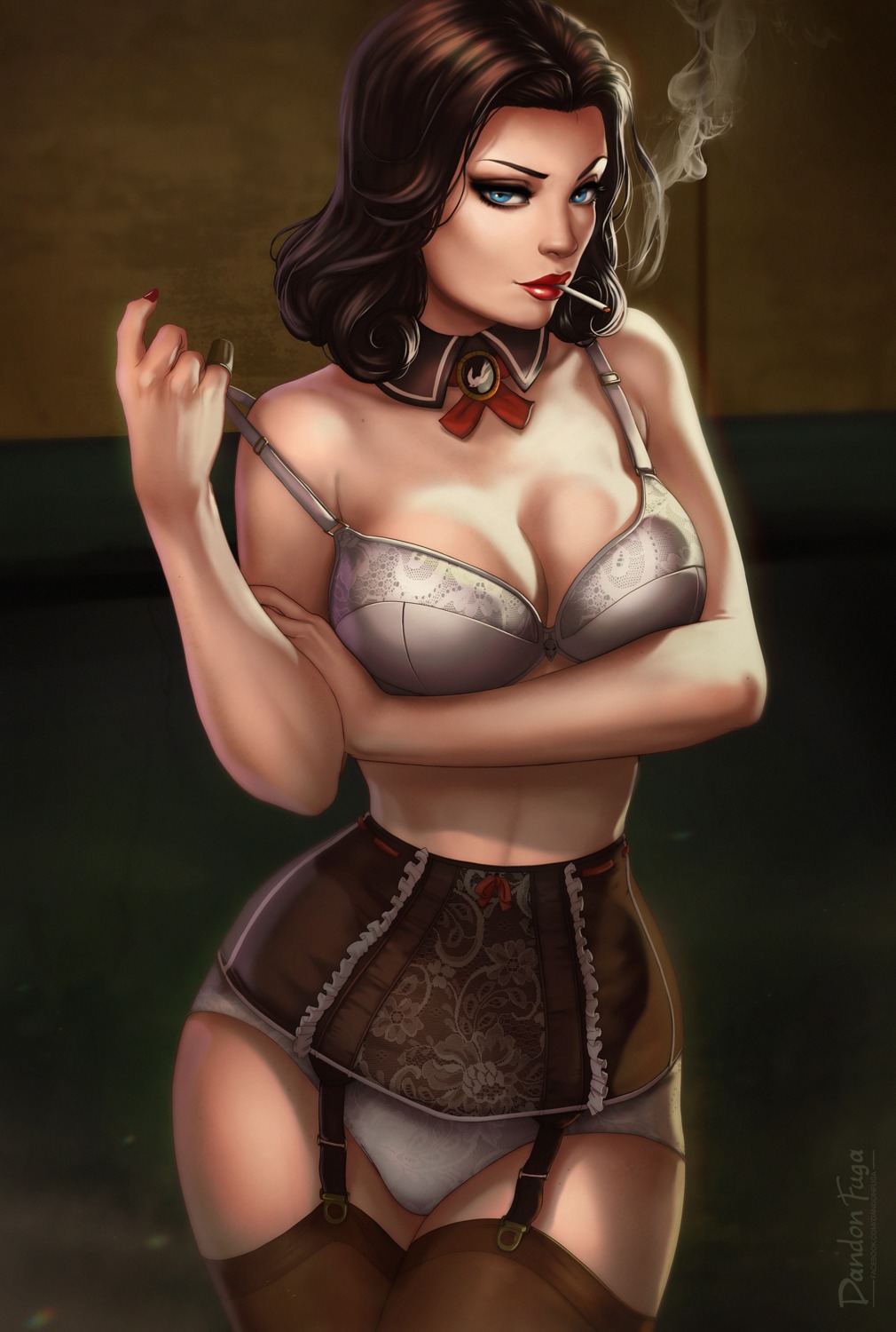 bioshock bioshock_infinite bra breast_hold cleavage dandon_fuga elizabeth_(bioshock_infinite) lingerie pantsu smoking stockings thighhighs undressing