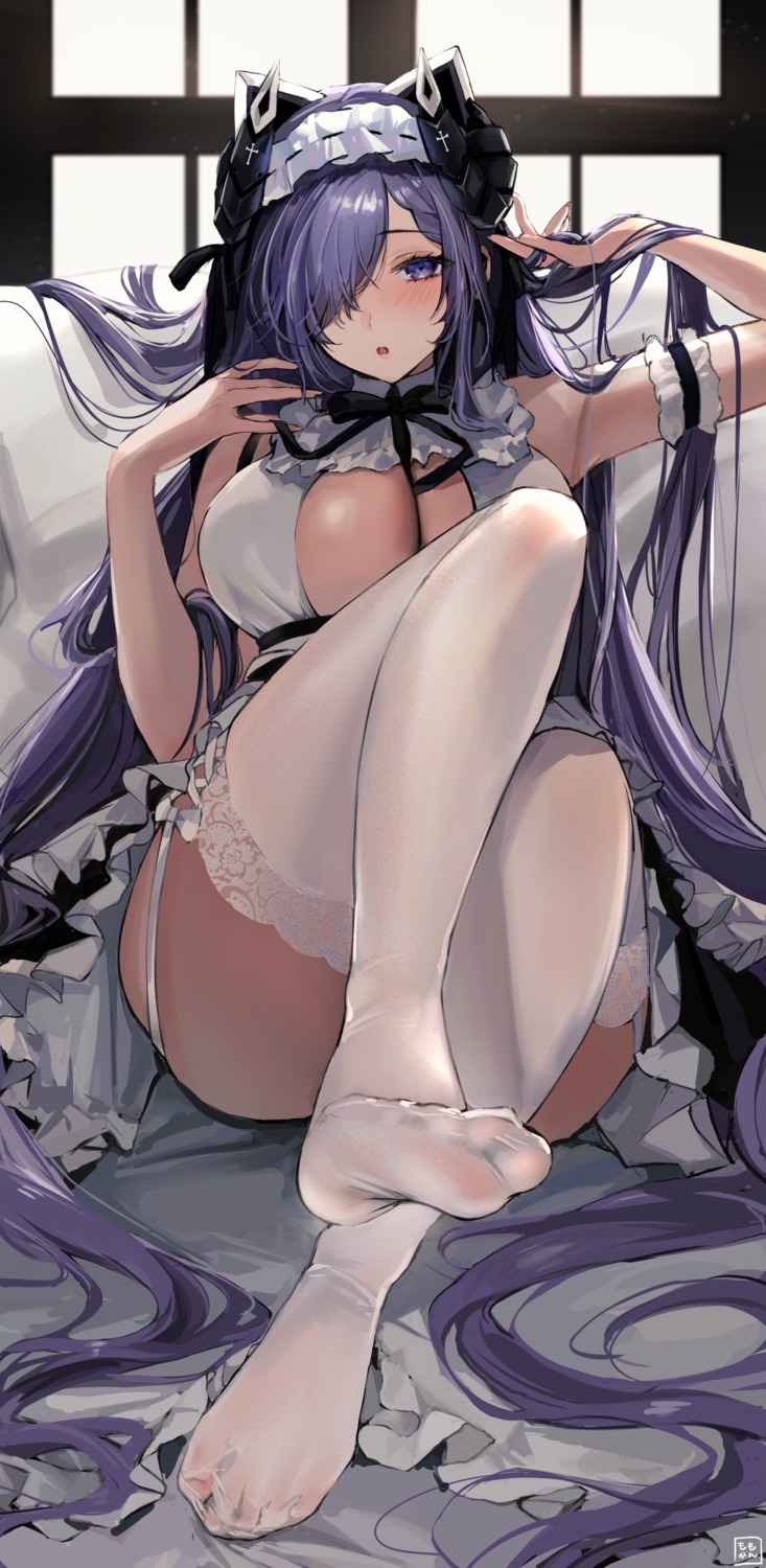 august_von_parseval_(azur_lane) azur_lane feet horns kandzume_(kandume200) maid no_bra skirt_lift stockings thighhighs