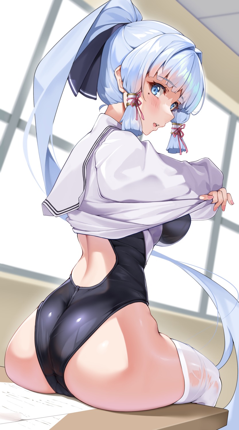 ass genshin_impact kamisato_ayaka matrix16 seifuku shirt_lift swimsuits thighhighs undressing