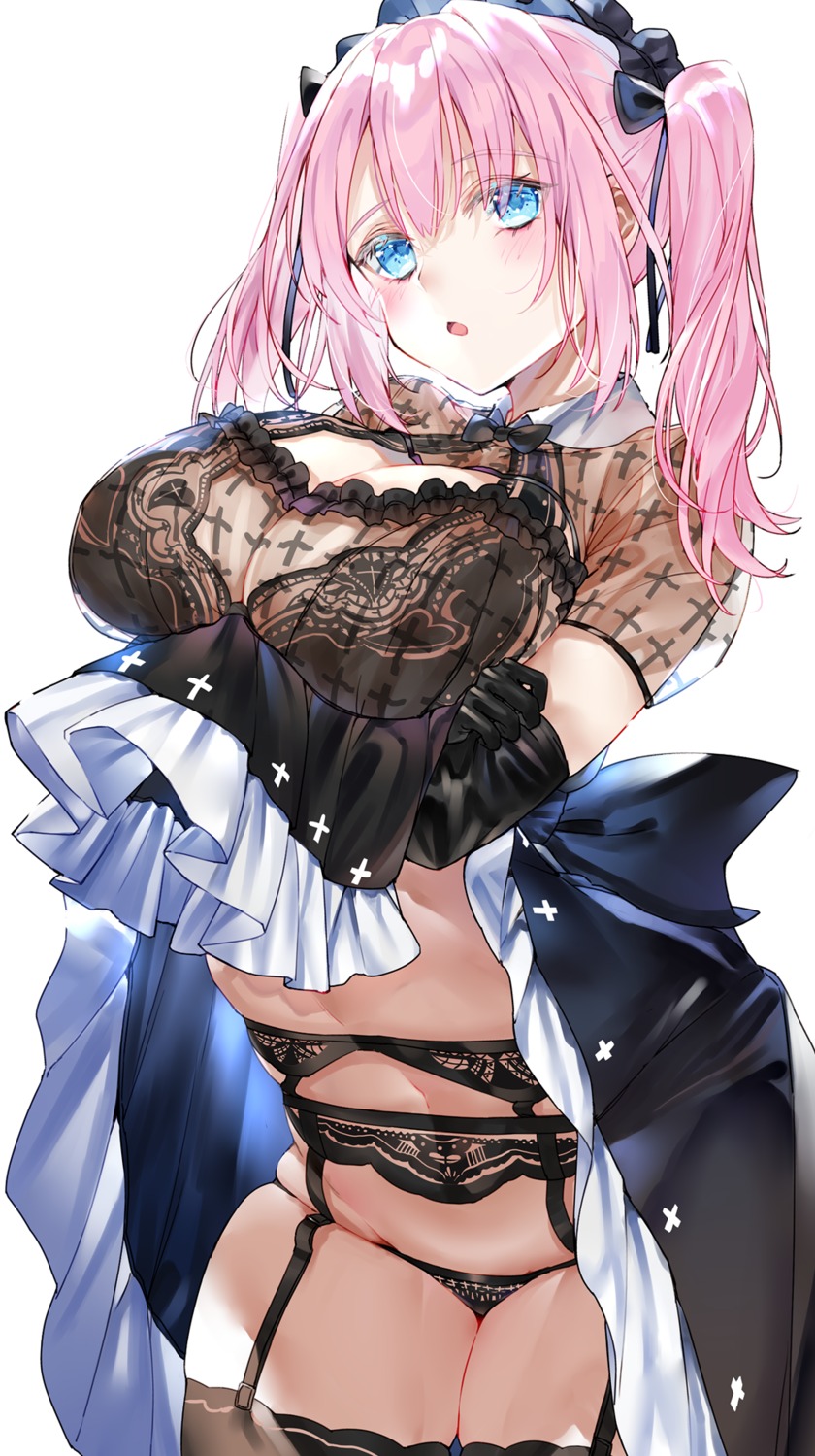 bra breast_hold garter_belt kou_mashiro lingerie pantsu see_through skirt_lift stockings thighhighs