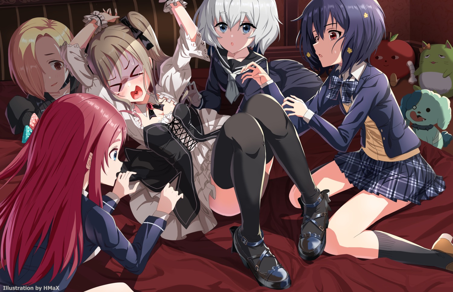 crossover heels hmax kanzaki_ranko konno_junko lolita_fashion minamoto_sakura mizuno_ai seifuku shirasaka_koume skirt_lift sweater the_idolm@ster the_idolm@ster_cinderella_girls thighhighs zombieland_saga