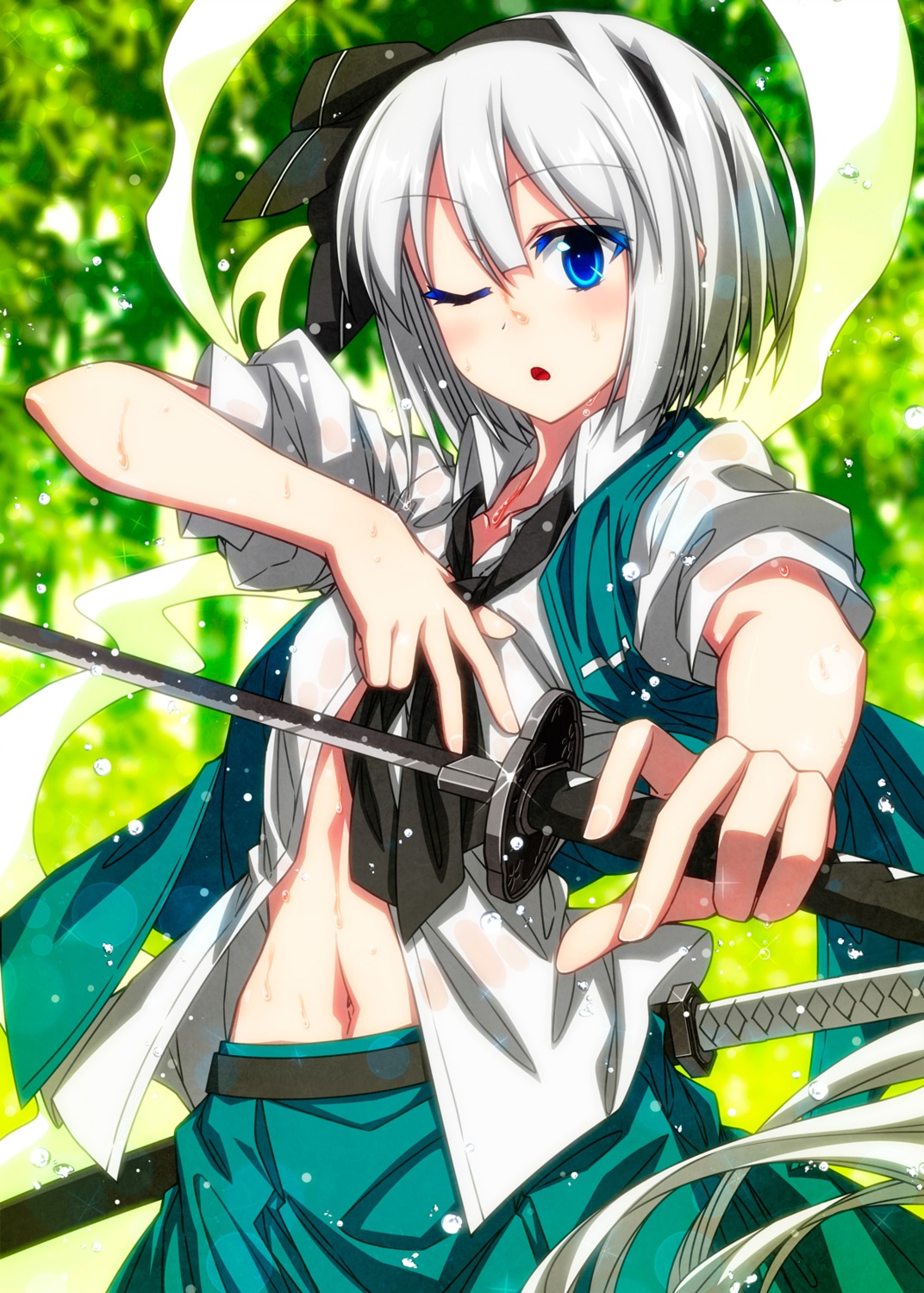 konpaku_youmu open_shirt sazanami_mio see_through sword touhou wet_clothes