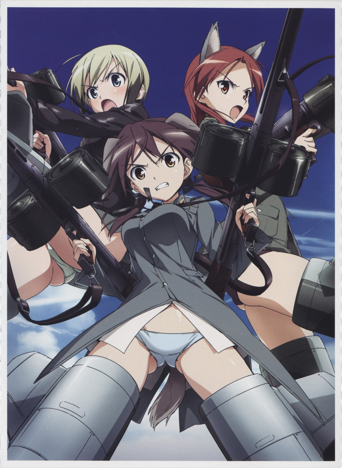 animal_ears erica_hartmann gertrud_barkhorn gun inumimi minna_dietlinde_wilcke pantsu screening strike_witches tail takamura_kazuhiro uniform