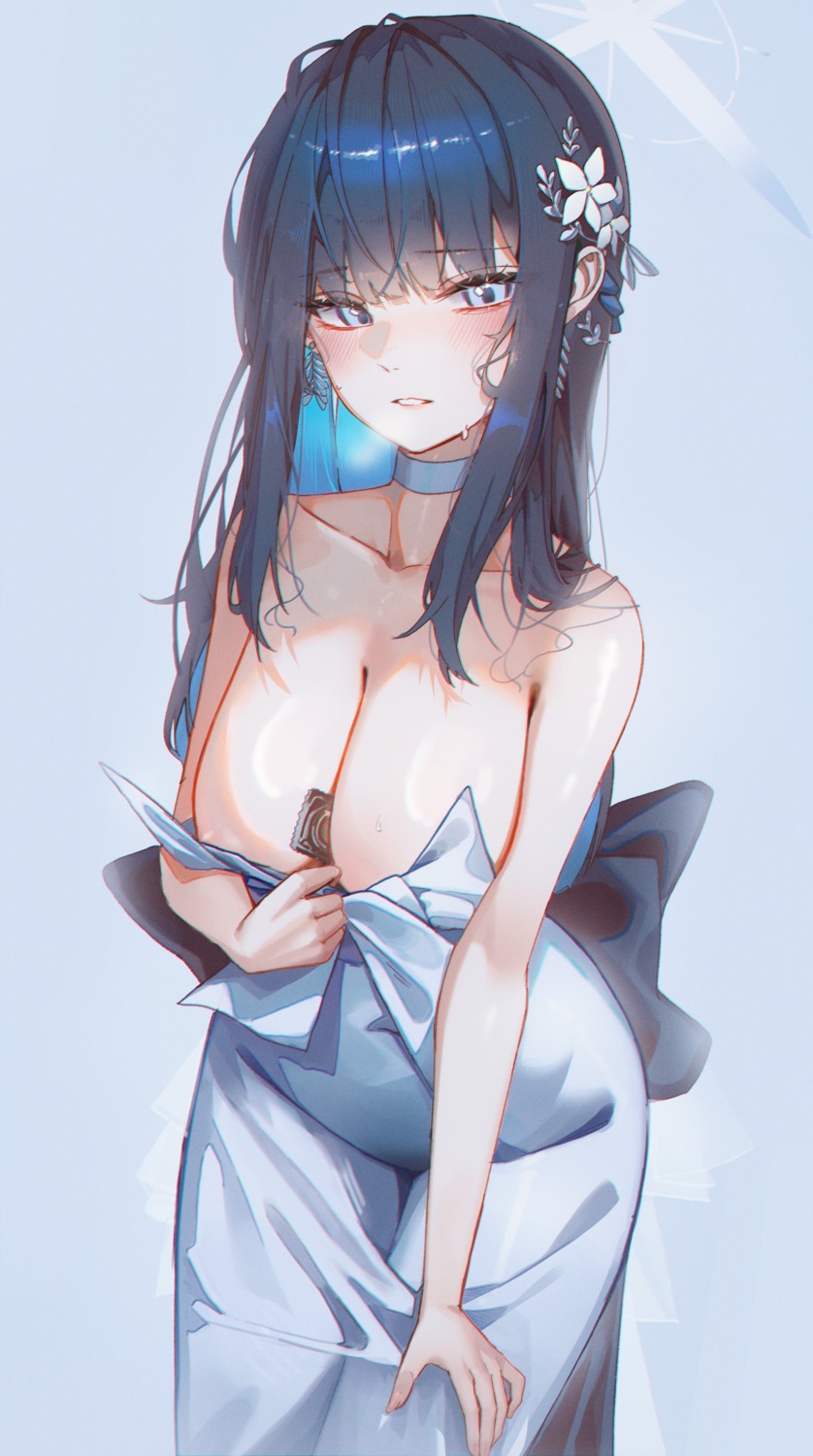 areola blue_archive domi_(hongsung0819) dress halo joumae_saori no_bra