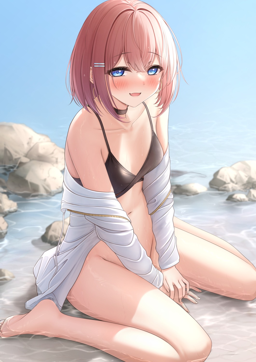 bikini_top bottomless monaka_curl open_shirt swimsuits wet