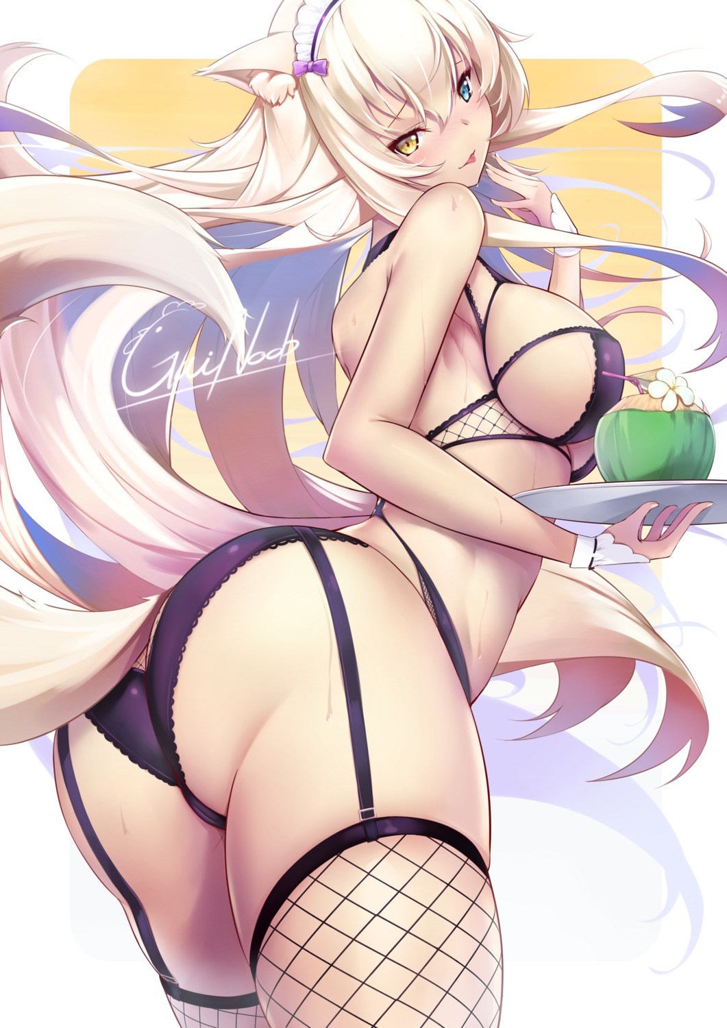 animal_ears ass bra coconut fishnets gainoob heterochromia nekomimi nekopara pantsu stockings tail thighhighs waitress