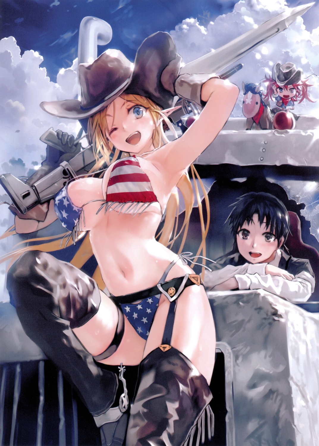 bikini bob elf_de_bikini_de_machine_gun! garter gun pointy_ears possible_duplicate stockings swimsuits thighhighs