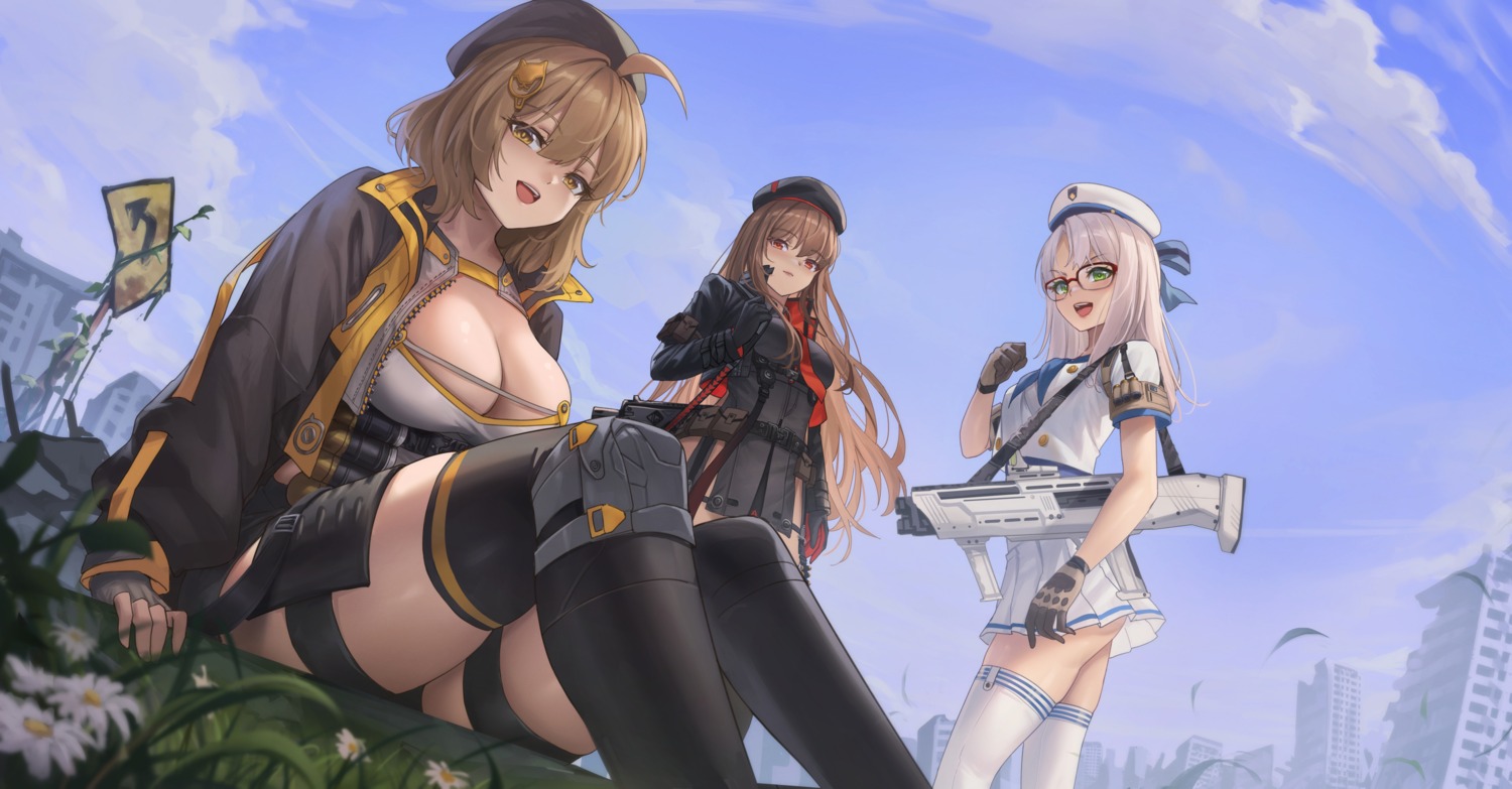 anis garter goddess_of_victory:_nikke gun megane neon_(nikke) no_bra phusit rapi_(nikke) seifuku skirt_lift thighhighs