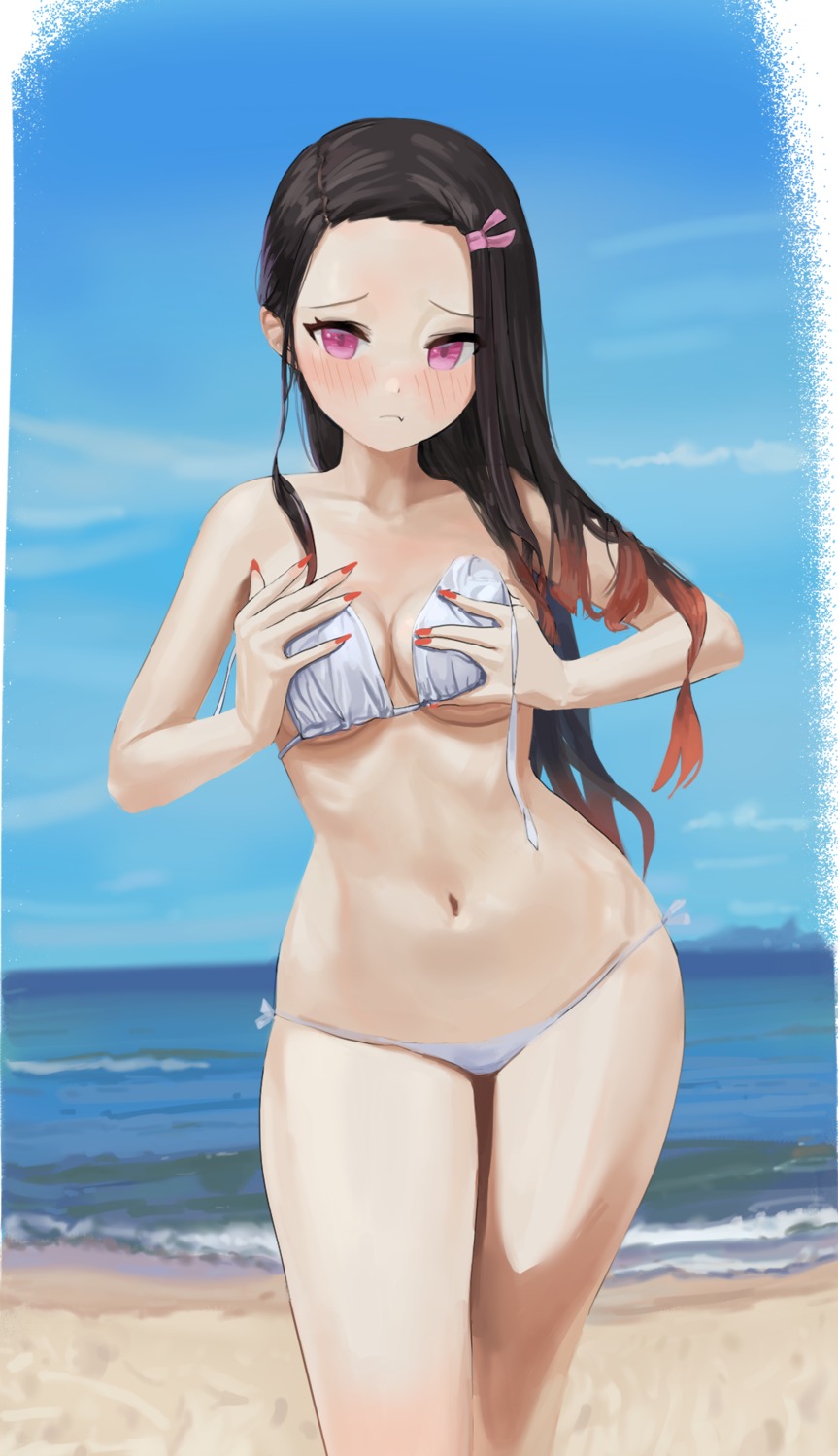 bikini breast_hold dolri kamado_nezuko kimetsu_no_yaiba swimsuits wardrobe_malfunction