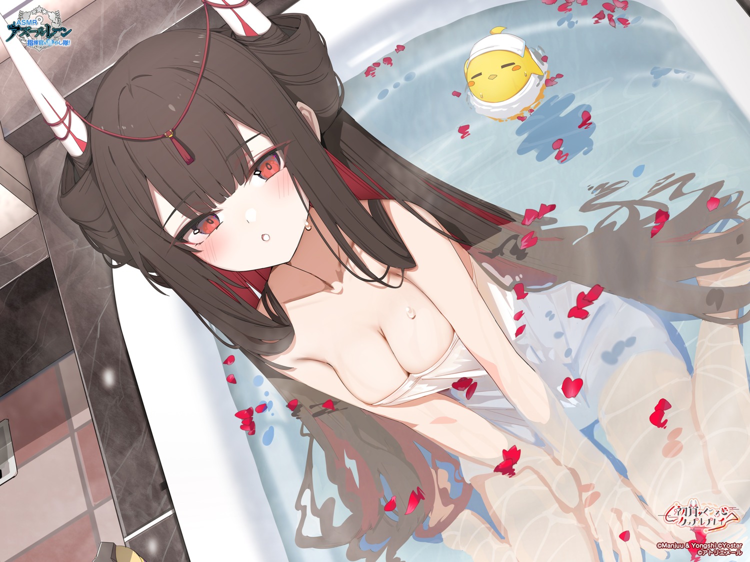 azur_lane bathing hatsuzuki_(azur_lane) horns hukahire0120 manjuu_(azur_lane) see_through towel wet