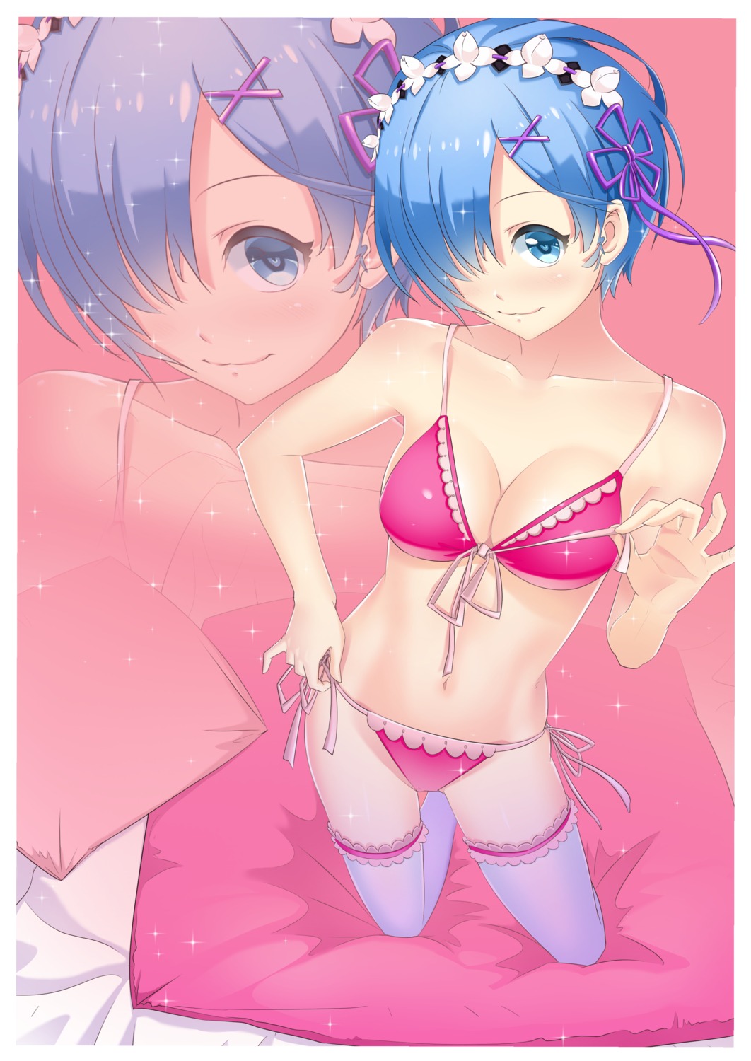 bikini panty_pull re_zero_kara_hajimeru_isekai_seikatsu rem_(re_zero) stars swimsuits thighhighs undressing