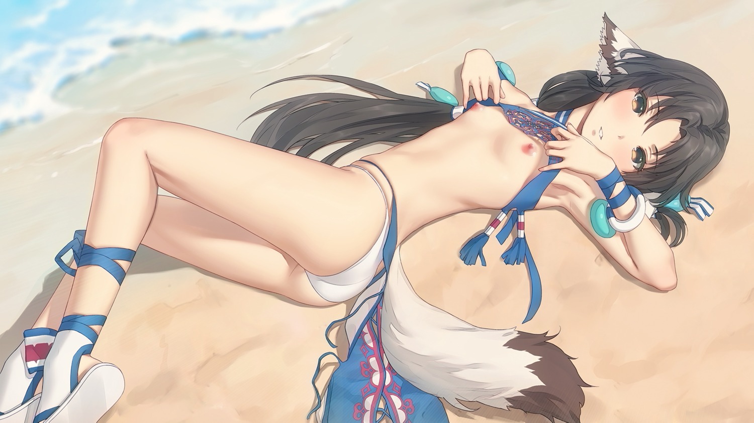 animal_ears bikini breasts eruruu miura_naoko nipples shirt_lift swimsuits tail undressing utawarerumono