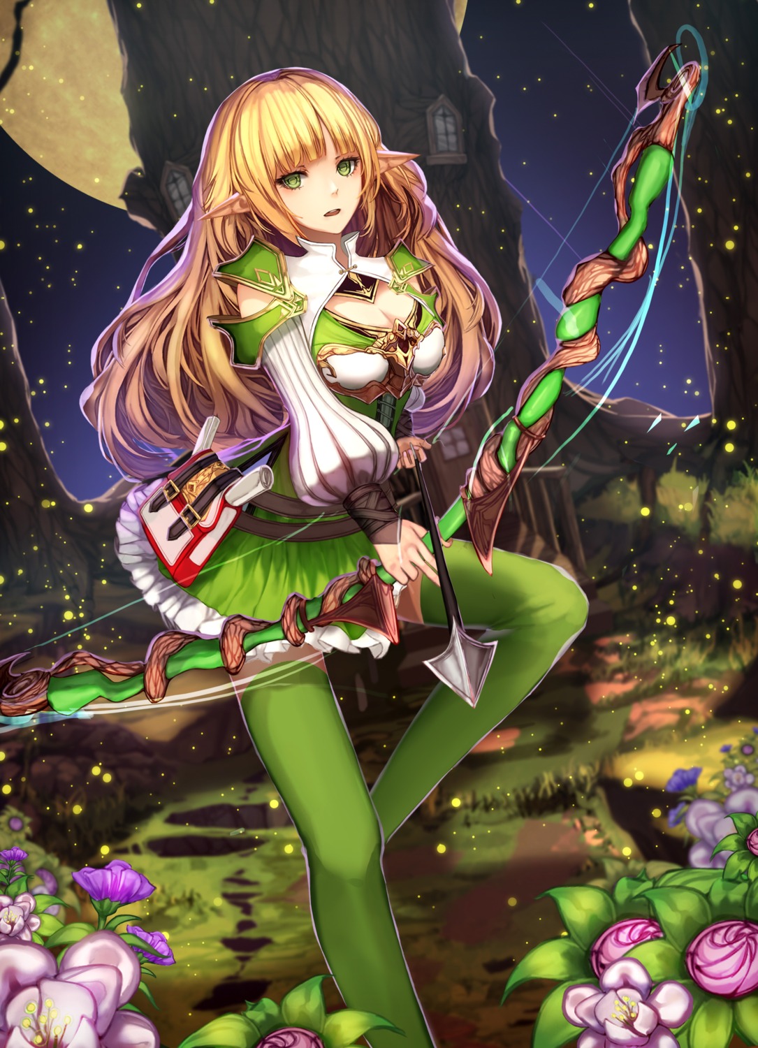 cleavage elf nomen pointy_ears thighhighs weapon