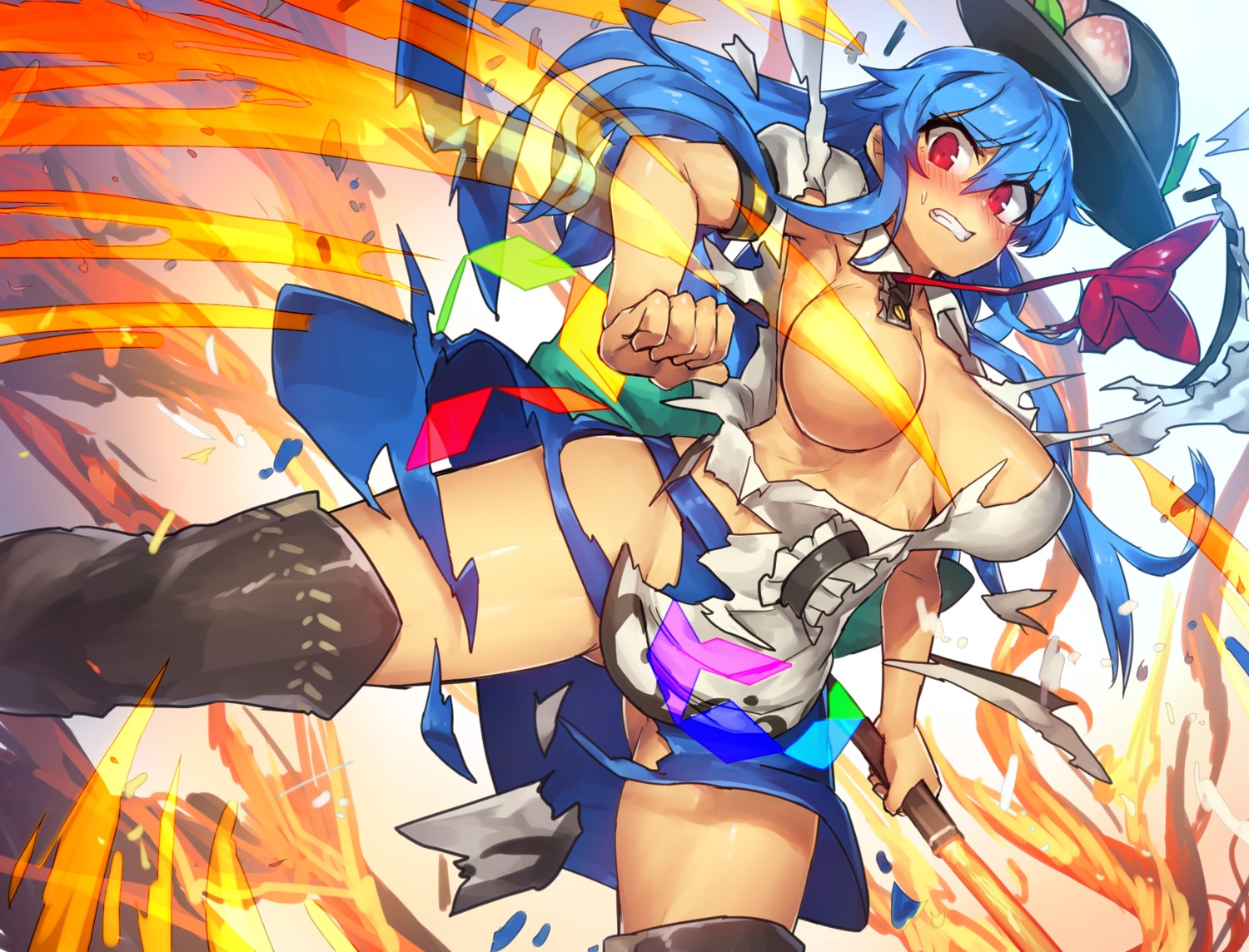 breasts hinanawi_tenshi no_bra pantsu temmasa22 thighhighs torn_clothes touhou weapon