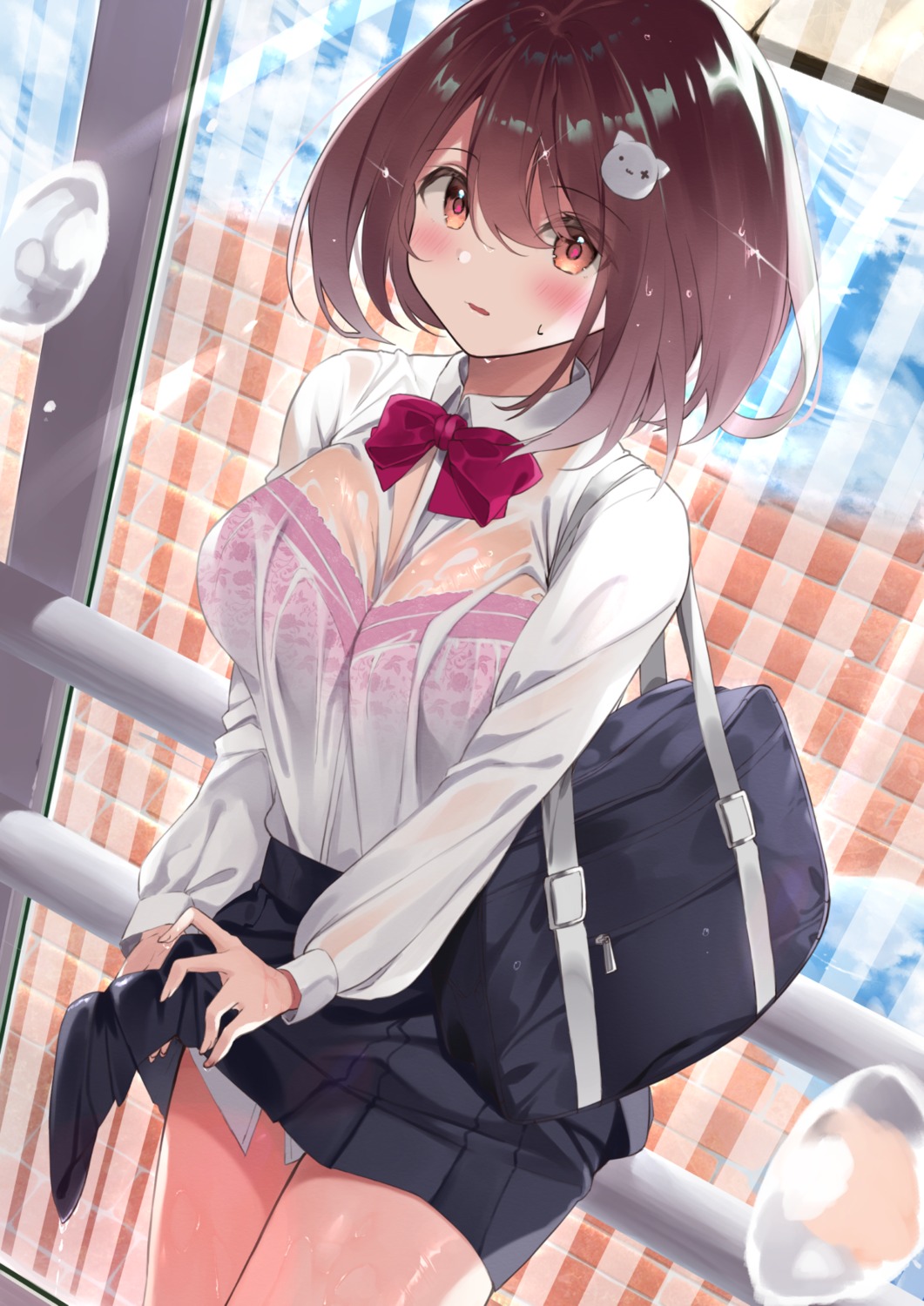 bra g_uhrabbit see_through seifuku skirt_lift wet wet_clothes