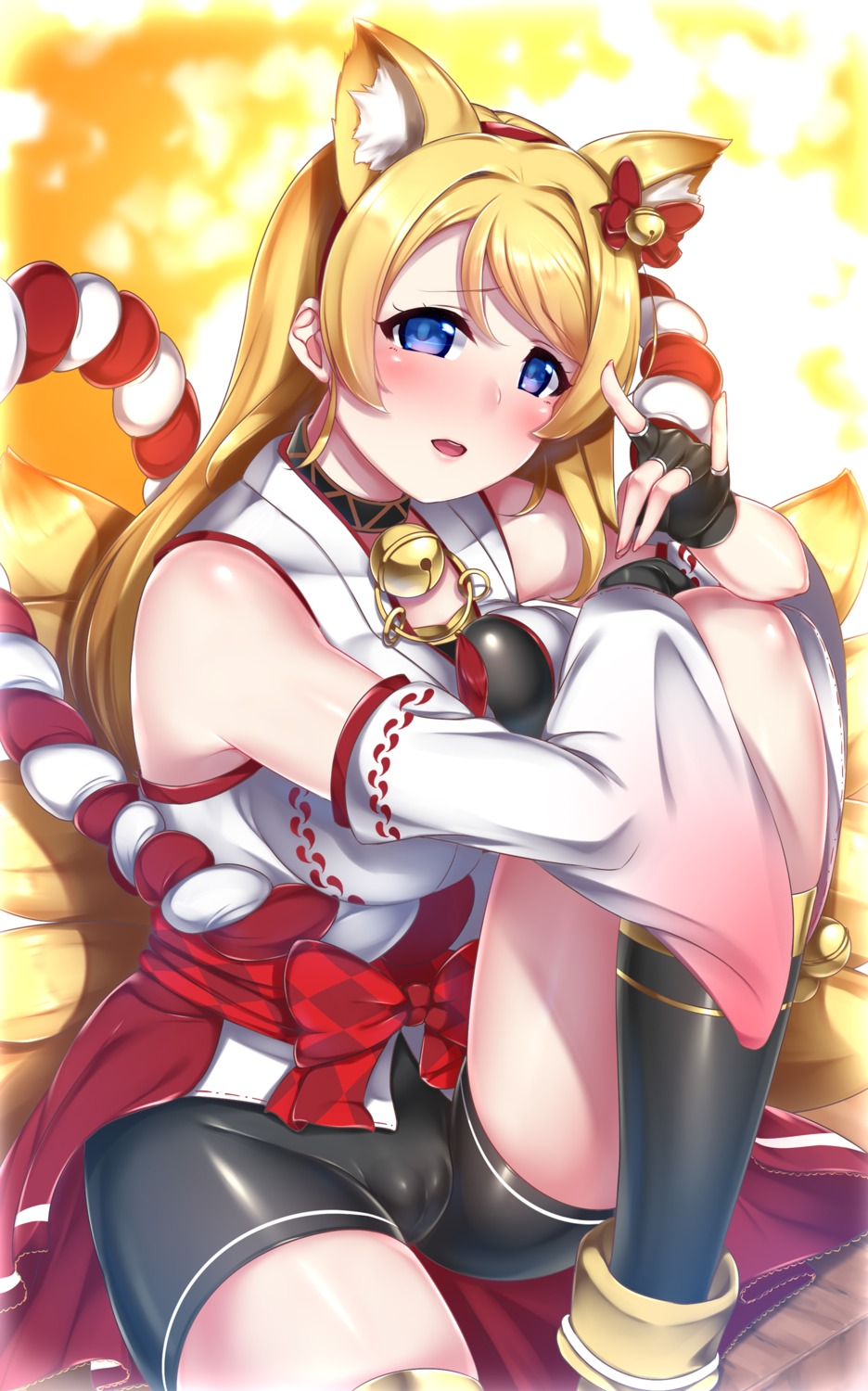 animal_ears ayase_eli bike_shorts cameltoe gacchu japanese_clothes kitsune love_live! tail