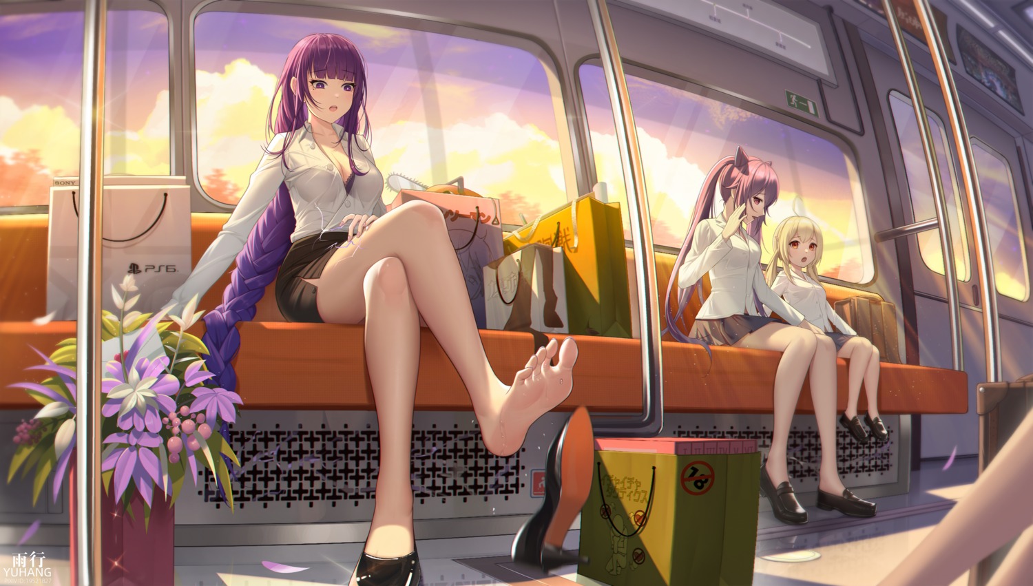 bra dress_shirt feet genshin_impact heels keqing klee open_shirt raiden_shogun see_through seifuku skirt_lift yuxing_yuhang