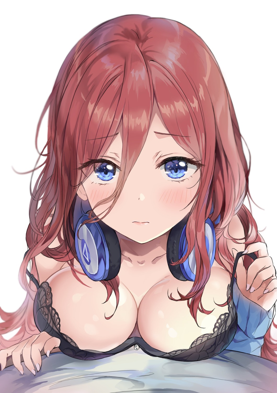 5-toubun_no_hanayome bra breast_hold headphones nakano_miku saya_(mychristian2) sweater undressing