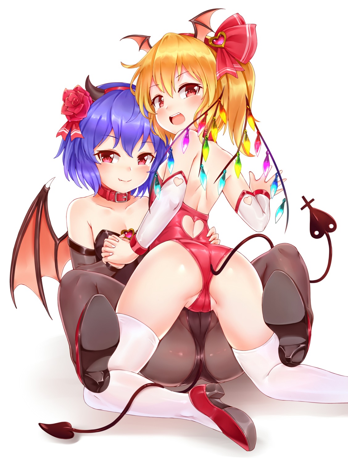 ass bushi_(1622035441) cleavage flandre_scarlet heels horns leotard loli pantyhose remilia_scarlet thighhighs touhou wings