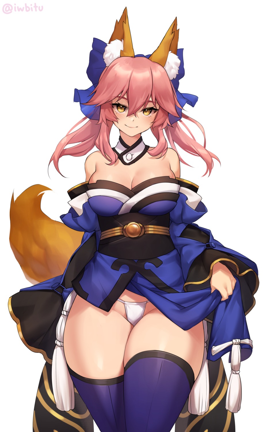 animal_ears fate/grand_order iwbitu-sa japanese_clothes kitsune no_bra open_shirt pantsu skirt_lift tail tamamo_no_mae thighhighs