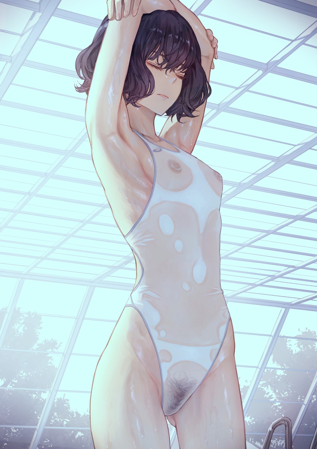 kaoming nanjou_ao nipples pubic_hair see_through swimsuits wet wet_clothes