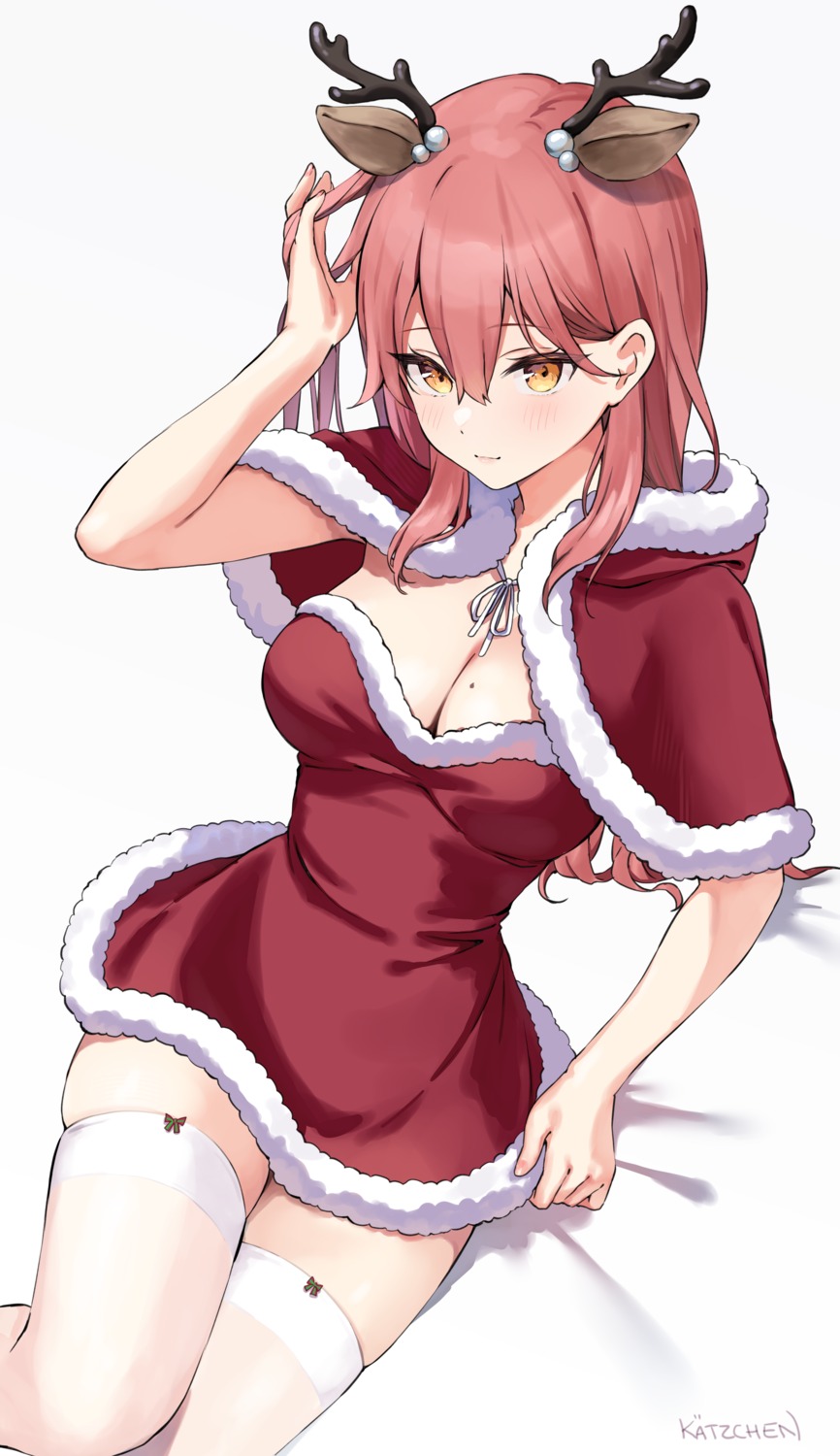 animal_ears christmas cleavage dress horns kaetzchen liliya_(kaetzchen) no_bra thighhighs