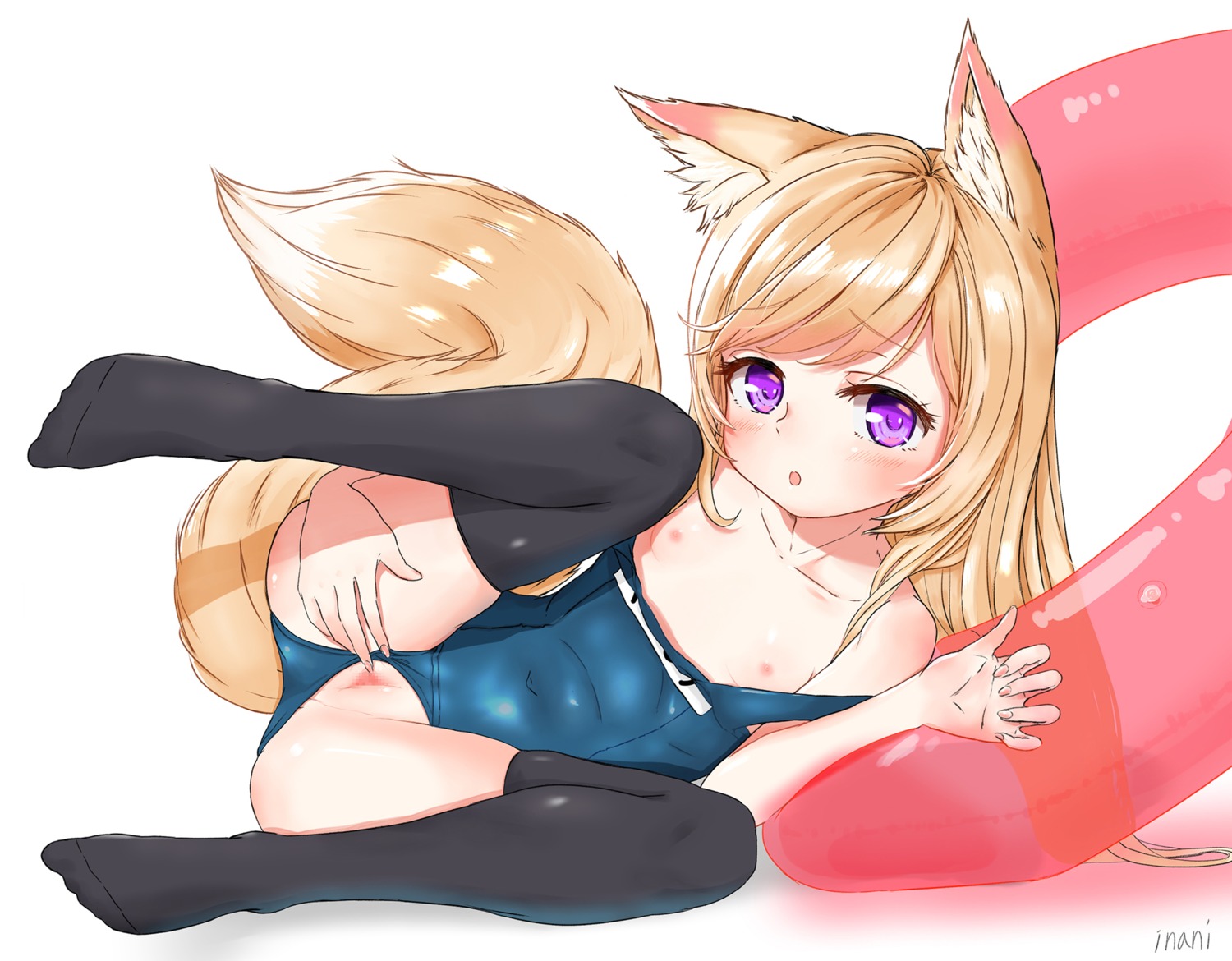 animal_ears censored feet jinani kitsune loli nipples pussy school_swimsuit swimsuits tail thighhighs