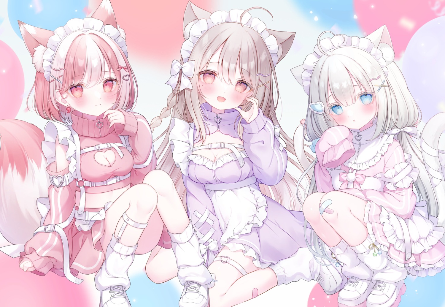 animal_ears bandaid cleavage garter indie_virtual_youtuber kagura_ura maid nekomimi no_bra omochi_monaka skirt_lift tail tenshi_sharu uise_iu