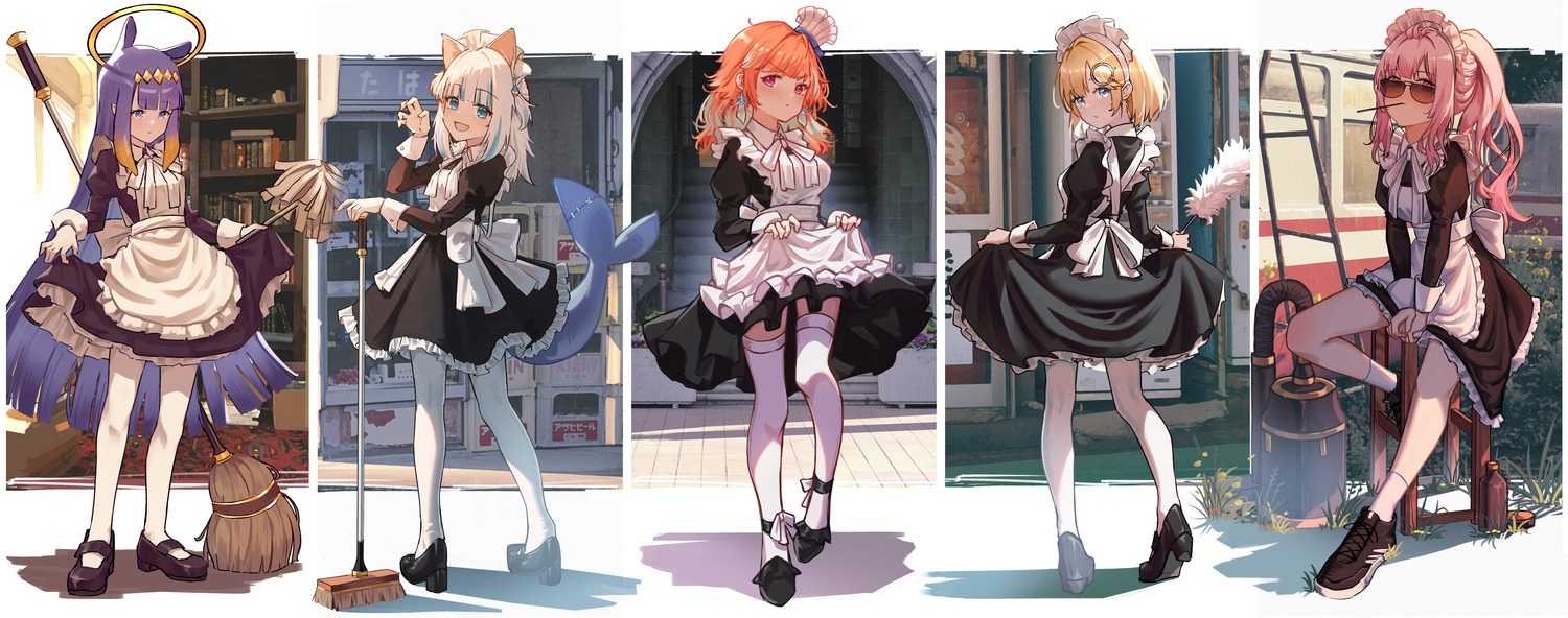 angel animal_ears gawr_gura heels hololive hololive_english jl_tan maid megane mori_calliope nekomimi ninomae_ina'nis pantyhose skirt_lift tail takanashi_kiara thighhighs watson_amelia