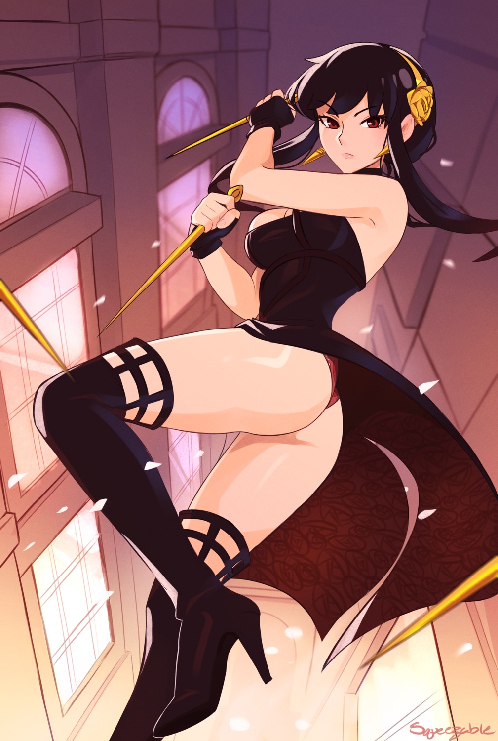 ass dress heels no_bra pantsu skirt_lift spy_x_family squeezable_(artist) thighhighs thong weapon yor_briar