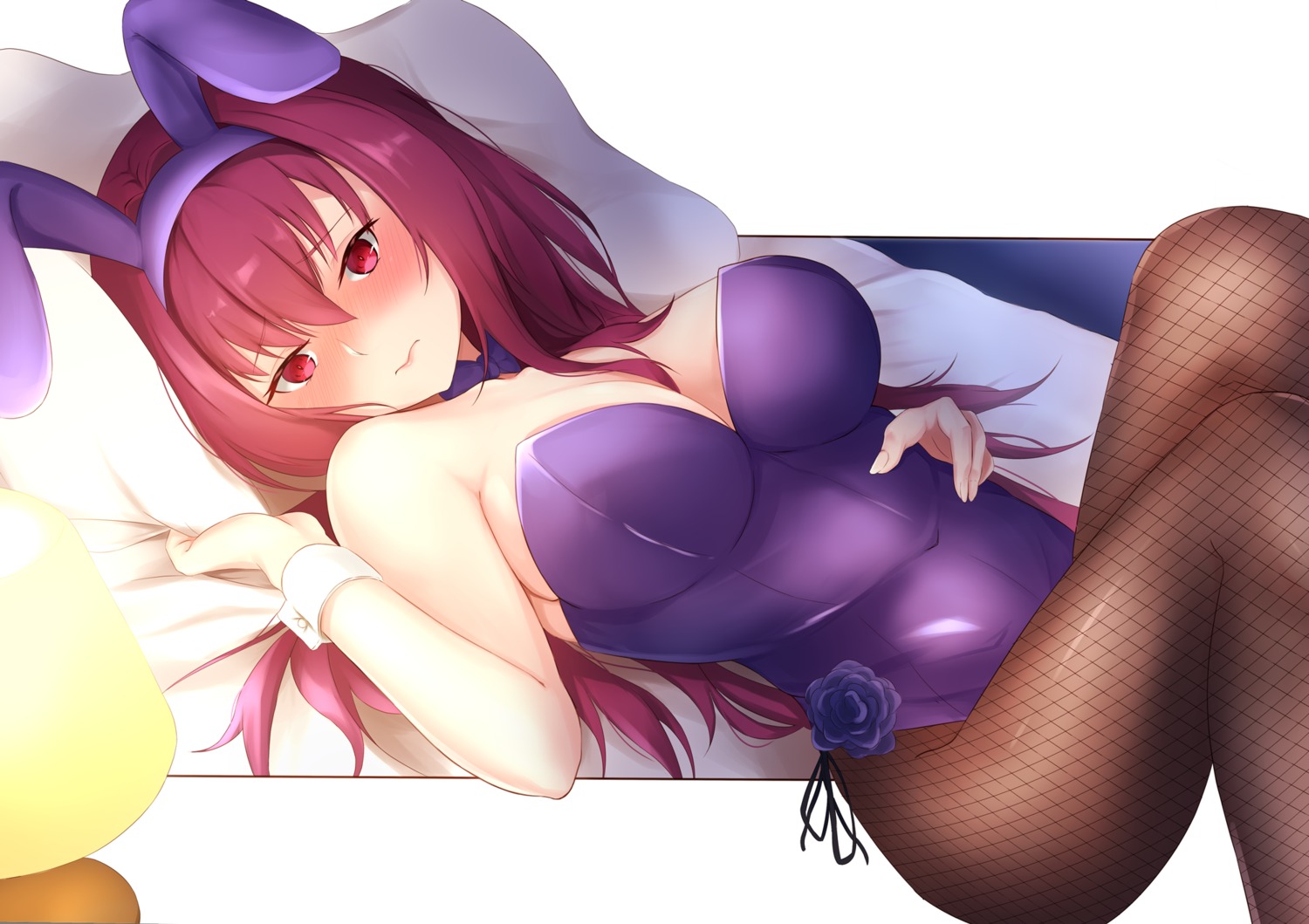 animal_ears bunny_ears bunny_girl cleavage fate/grand_order fishnets no_bra pantyhose scathach_(fate/grand_order) shirase_yui