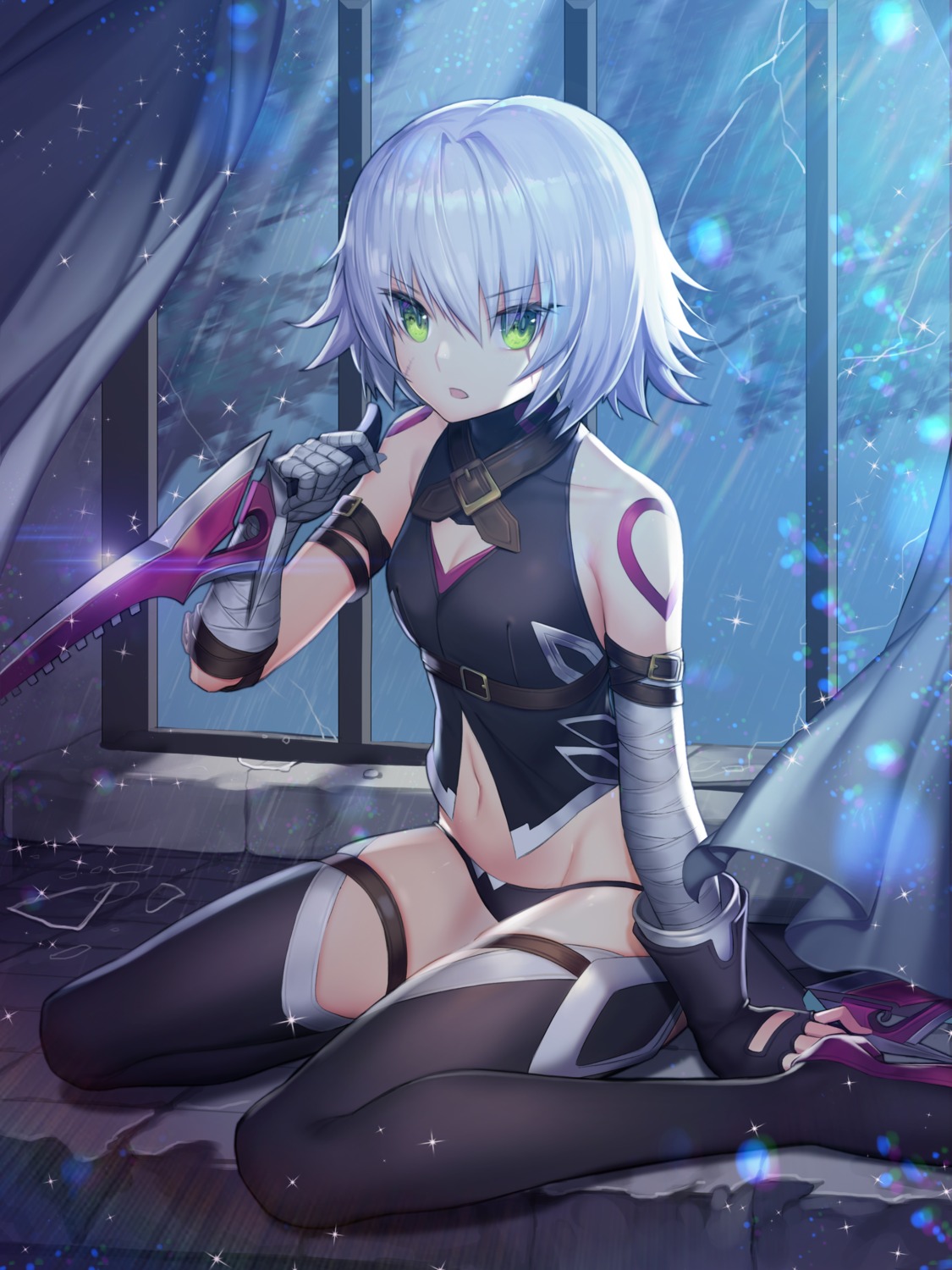 bandages cleavage fate/grand_order hayanpool heels jack_the_ripper pantsu tattoo thighhighs weapon