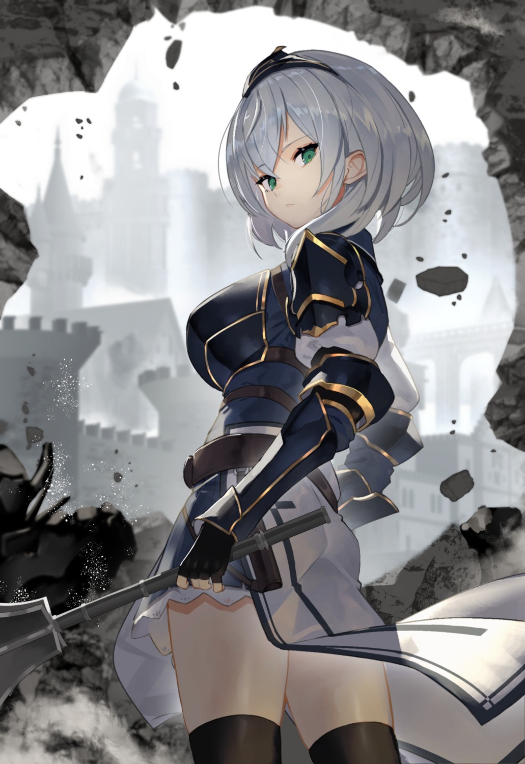 armor hololive scottie shirogane_noel skirt_lift thighhighs weapon