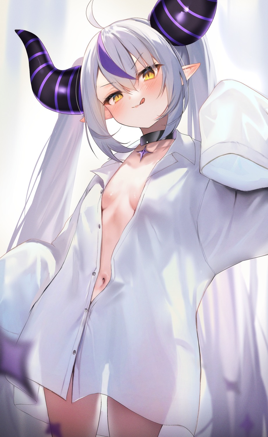 bottomless dress_shirt hololive horns la+_darknesss loli maru_ccy no_bra open_shirt pointy_ears see_through tail