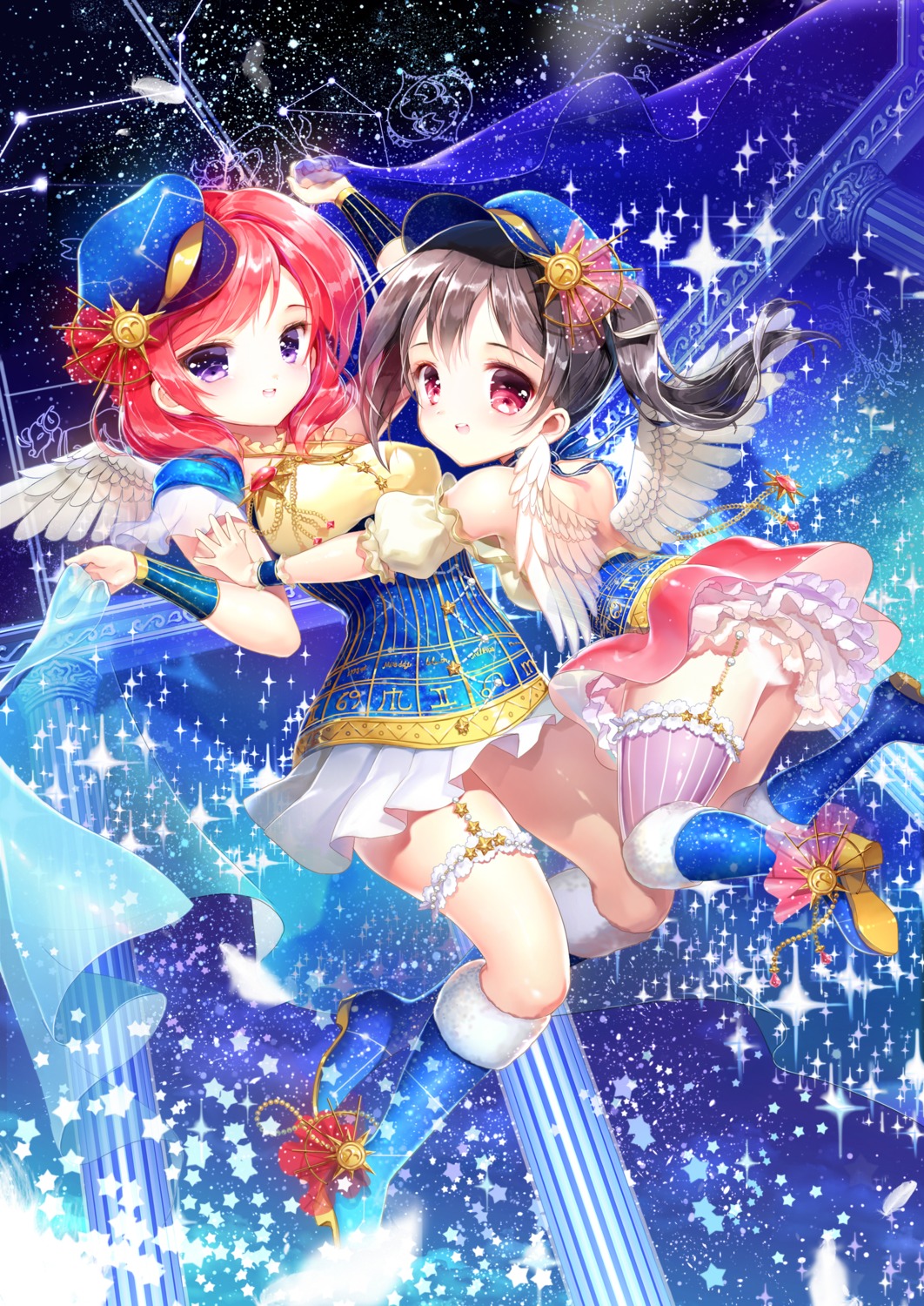 dress heels love_live! nishikino_maki no_bra siloteddy stockings thighhighs wings yazawa_nico