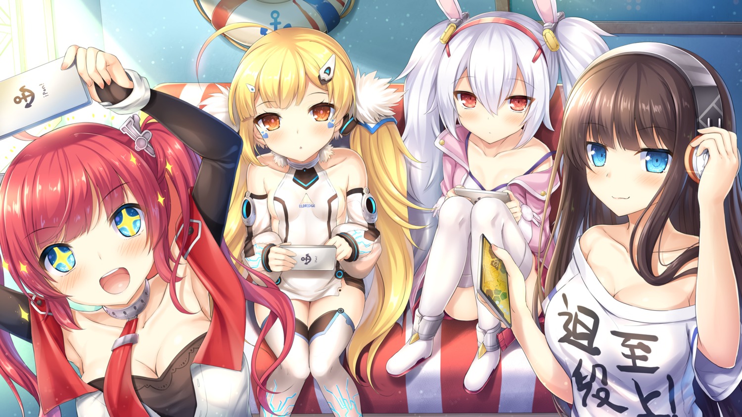 animal_ears azur_lane bunny_ears cleavage eldridge_(azur_lane) headphones laffey_(azur_lane) long_island_(azur_lane) san_diego_(azur_lane) taiki_ken thighhighs