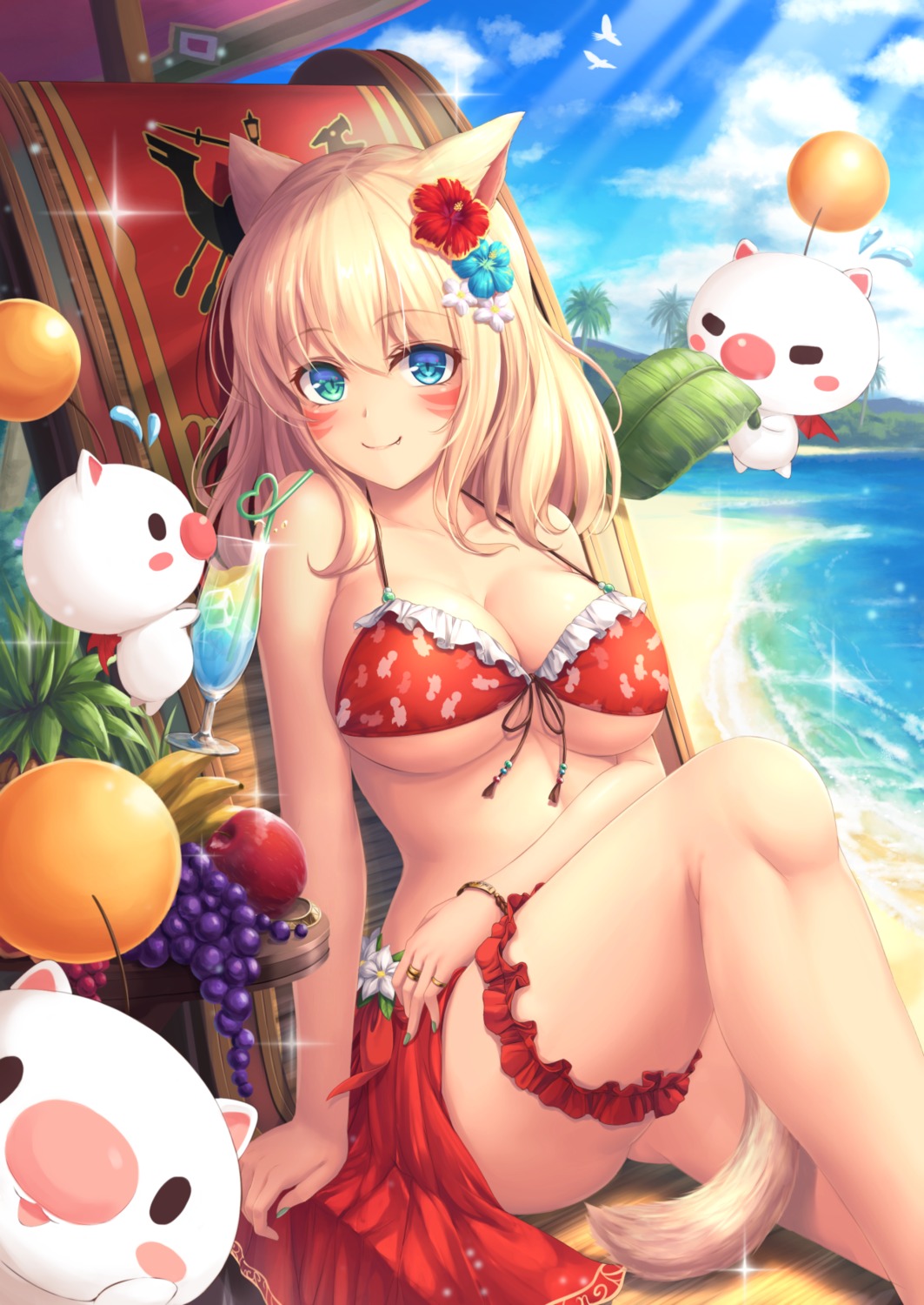 animal_ears bikini cleavage final_fantasy final_fantasy_xiv garter miqo'te mutsuba_fumi swimsuits underboob