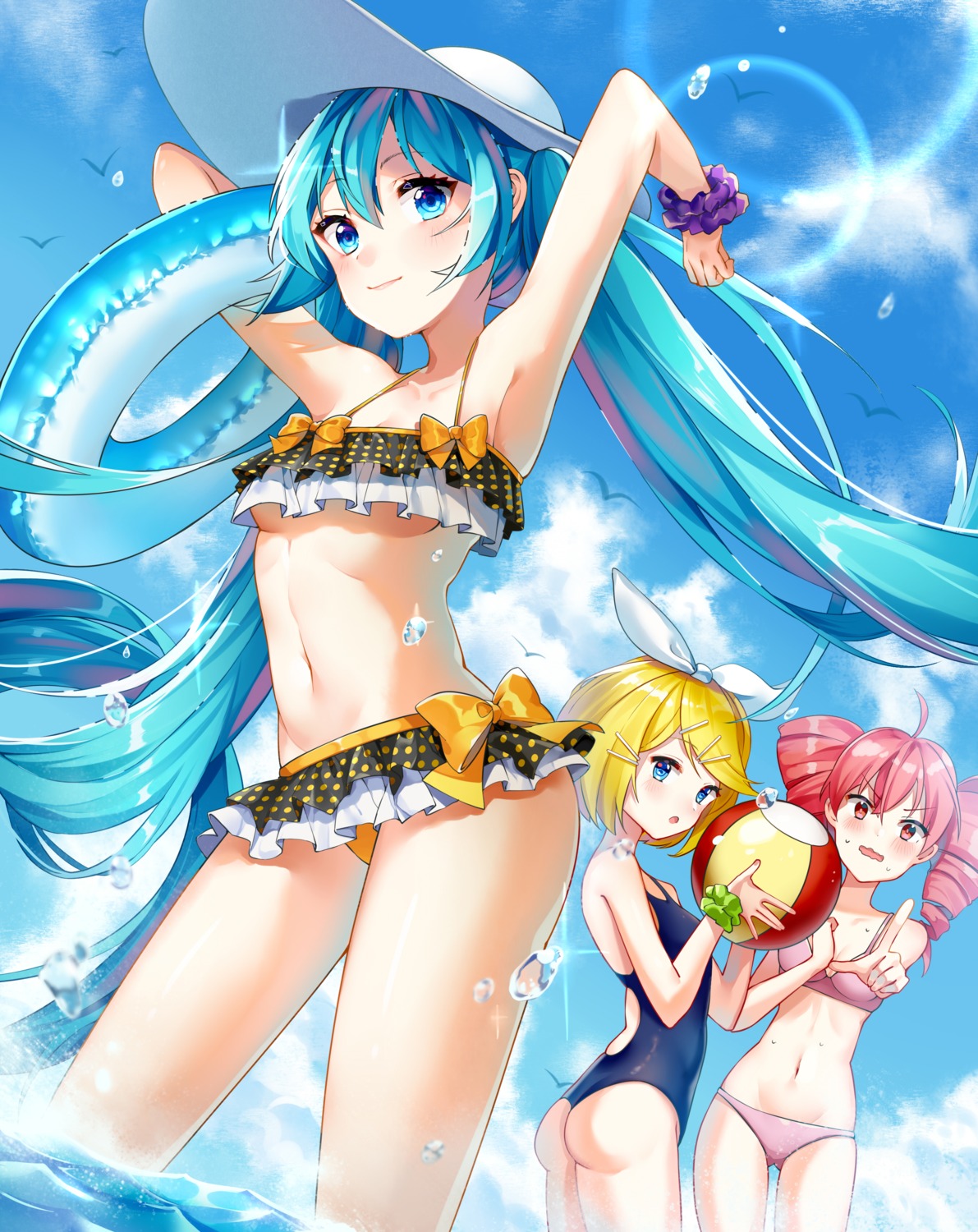 ass bikini breast_hold cleavage hatsune_miku ihachisu kagamine_rin kasane_teto swimsuits underboob utau vocaloid wet