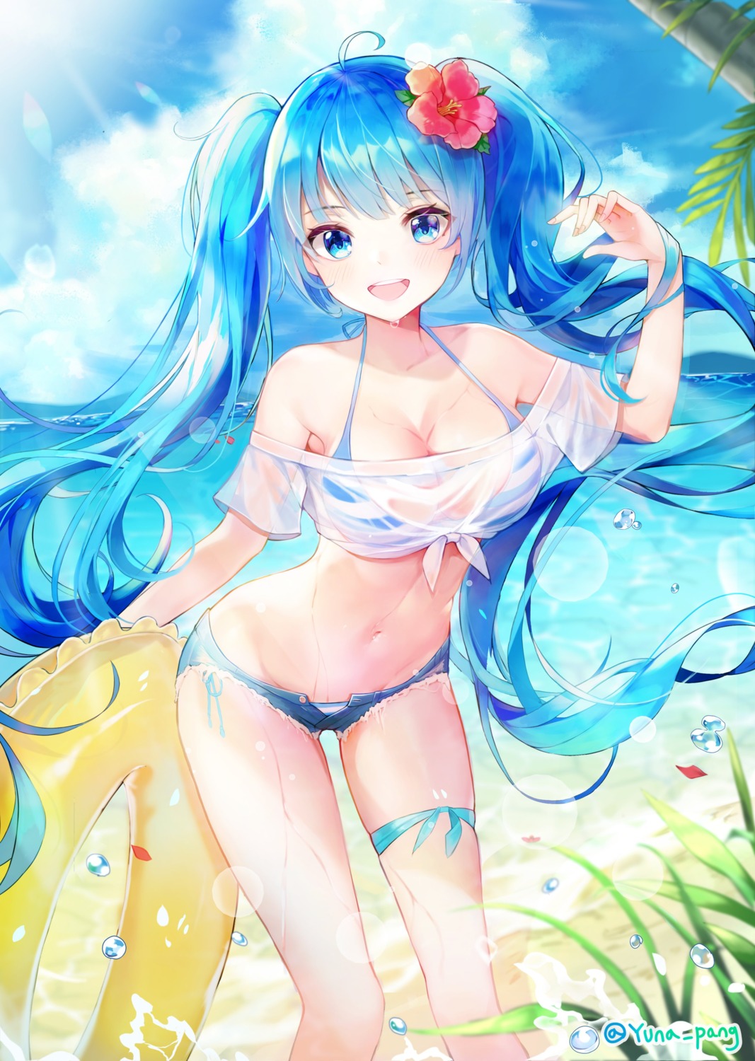 artist_revision bikini hatsune_miku jpeg_artifacts see_through swimsuits vocaloid wet wet_clothes yuna_(deadawon)