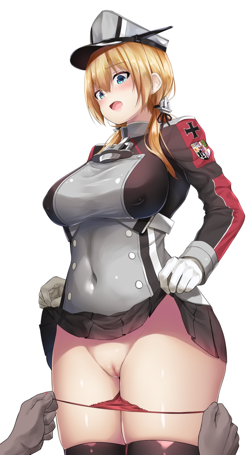 censored kantai_collection oekakizuki pantsu panty_pull prinz_eugen_(kancolle) pussy skirt_lift thighhighs undressing uniform