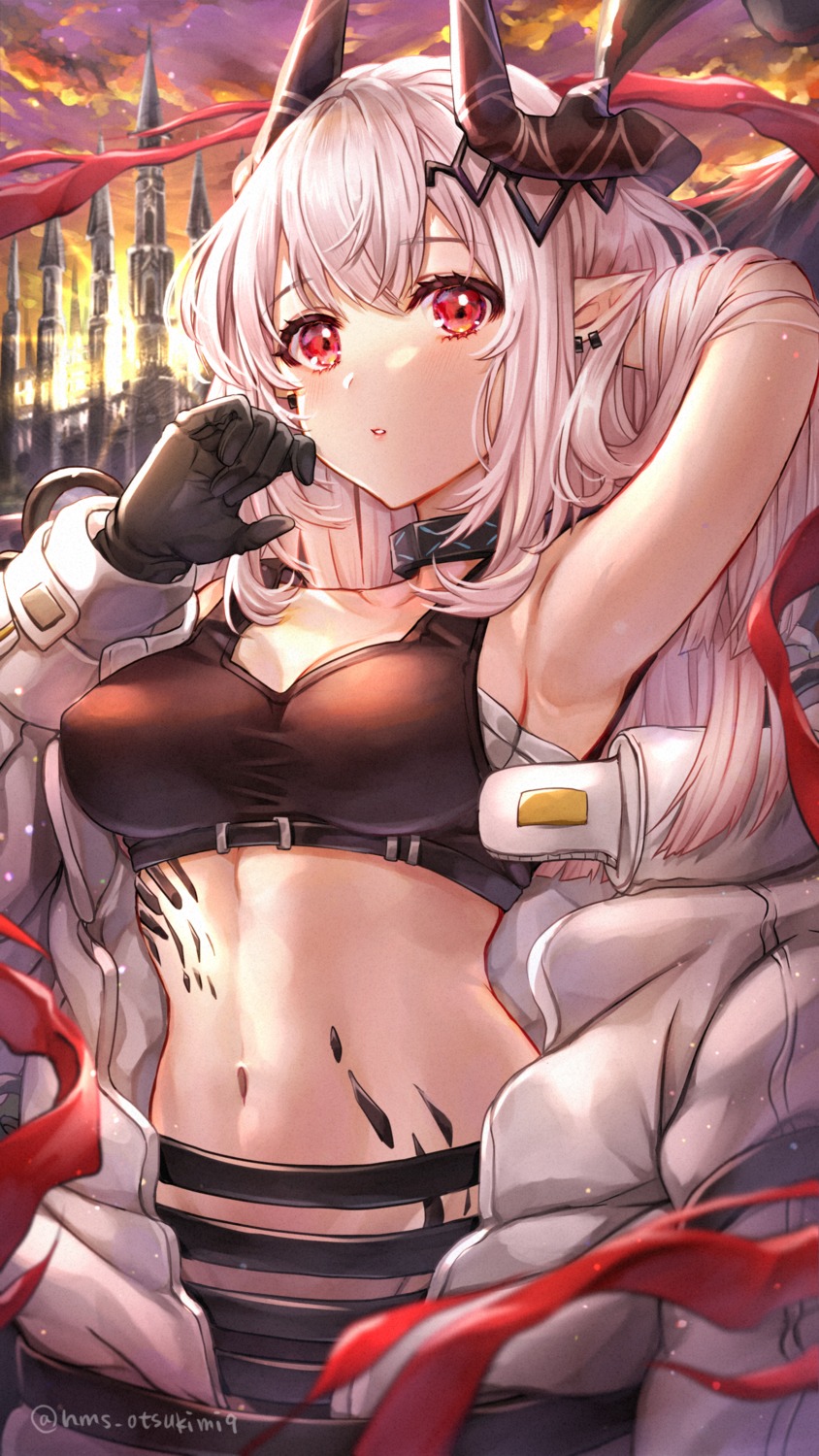 arknights cleavage horns mudrock_(arknights) pointy_ears sarashi tamaso