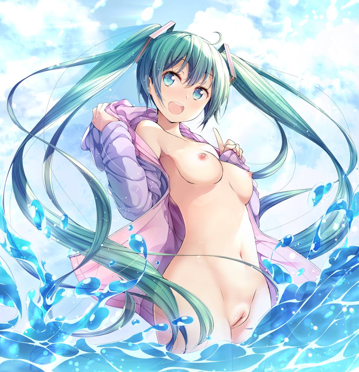 bottomless breasts hatsune_miku matsuuni nipples no_bra open_shirt photoshop pussy uncensored undressing vocaloid wet