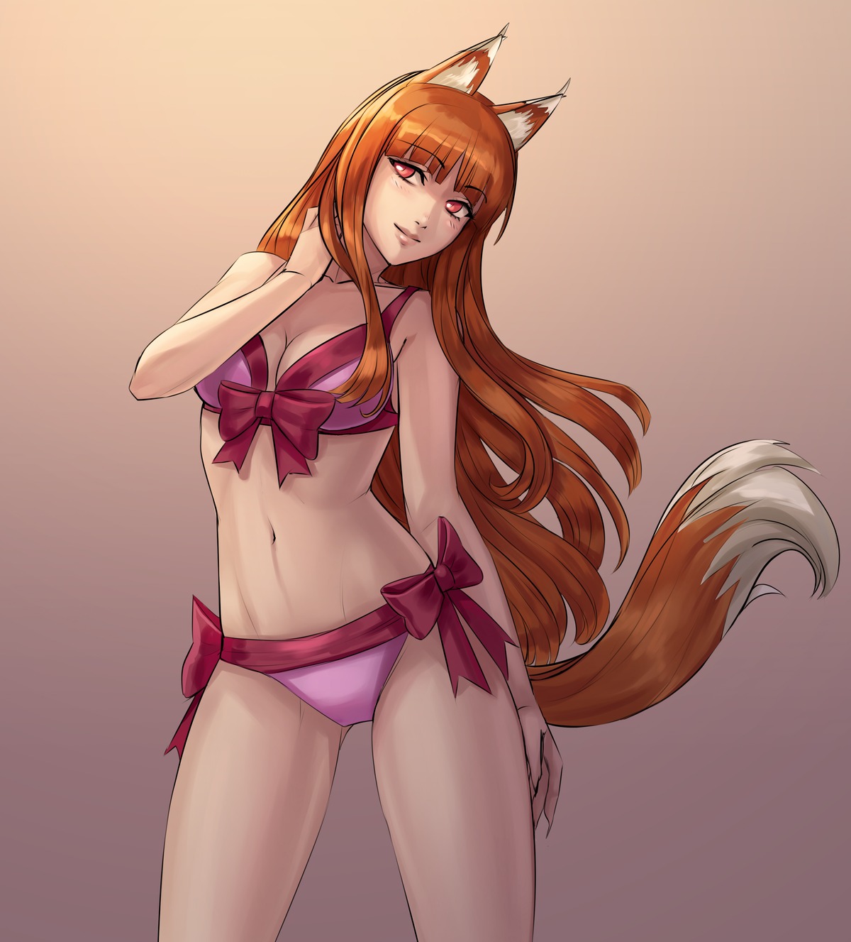 animal_ears bikini cleavage holo spice_and_wolf swimsuits tail tropic02