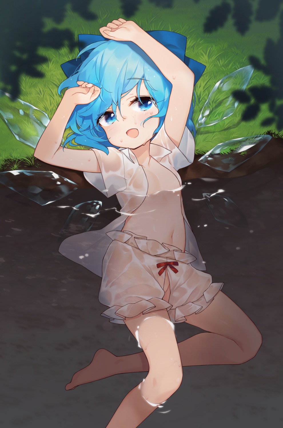 bloomers cirno loli no_bra open_shirt see_through takotsu touhou wet wet_clothes wings