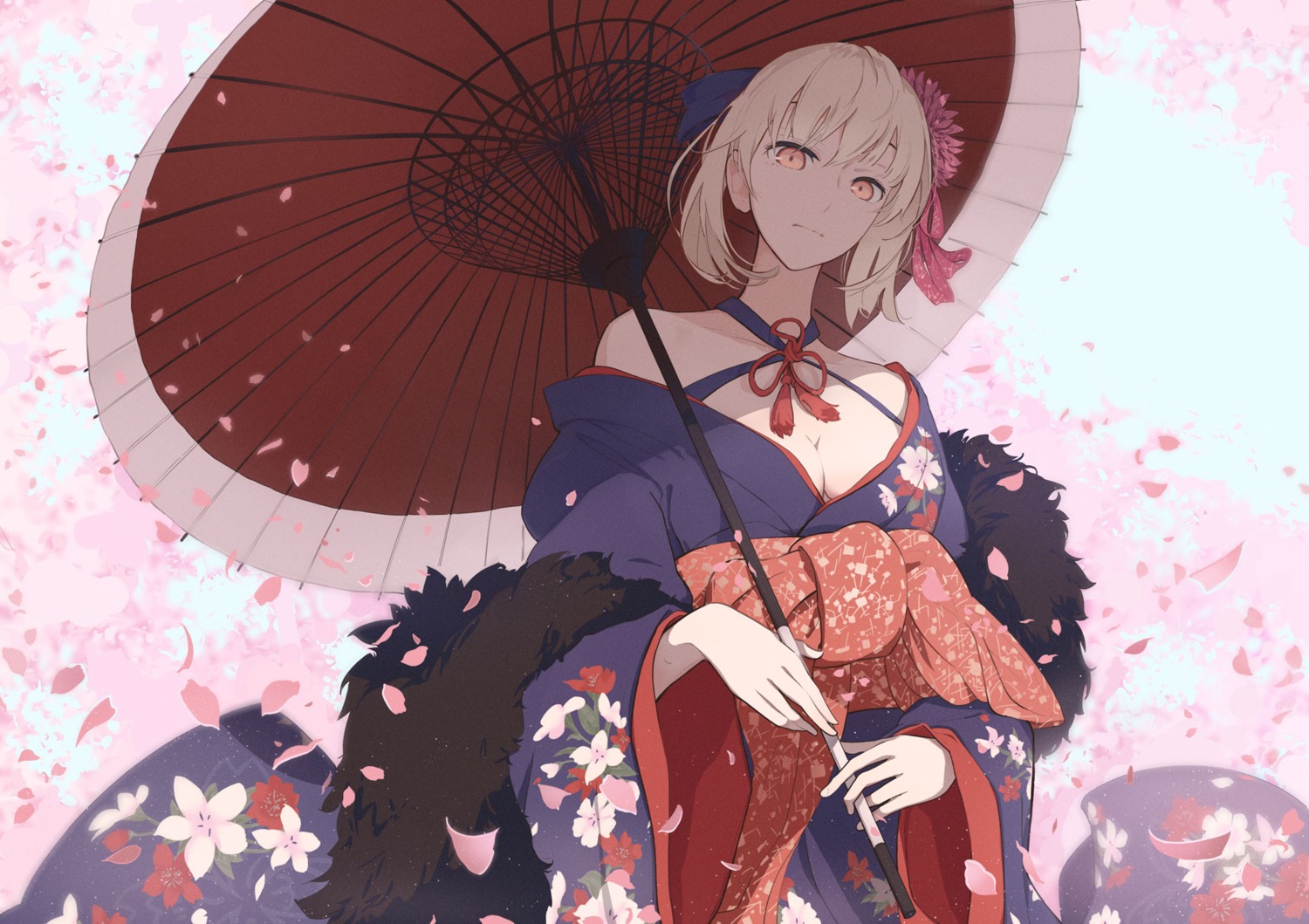 cleavage fate/grand_order kimono kodamazon no_bra saber saber_alter umbrella