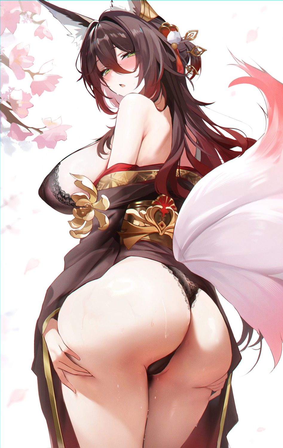 animal_ears ass bra cameltoe erect_nipples fantongjun honkai:_star_rail japanese_clothes kitsune open_shirt pantsu skirt_lift tail thong tingyun wet