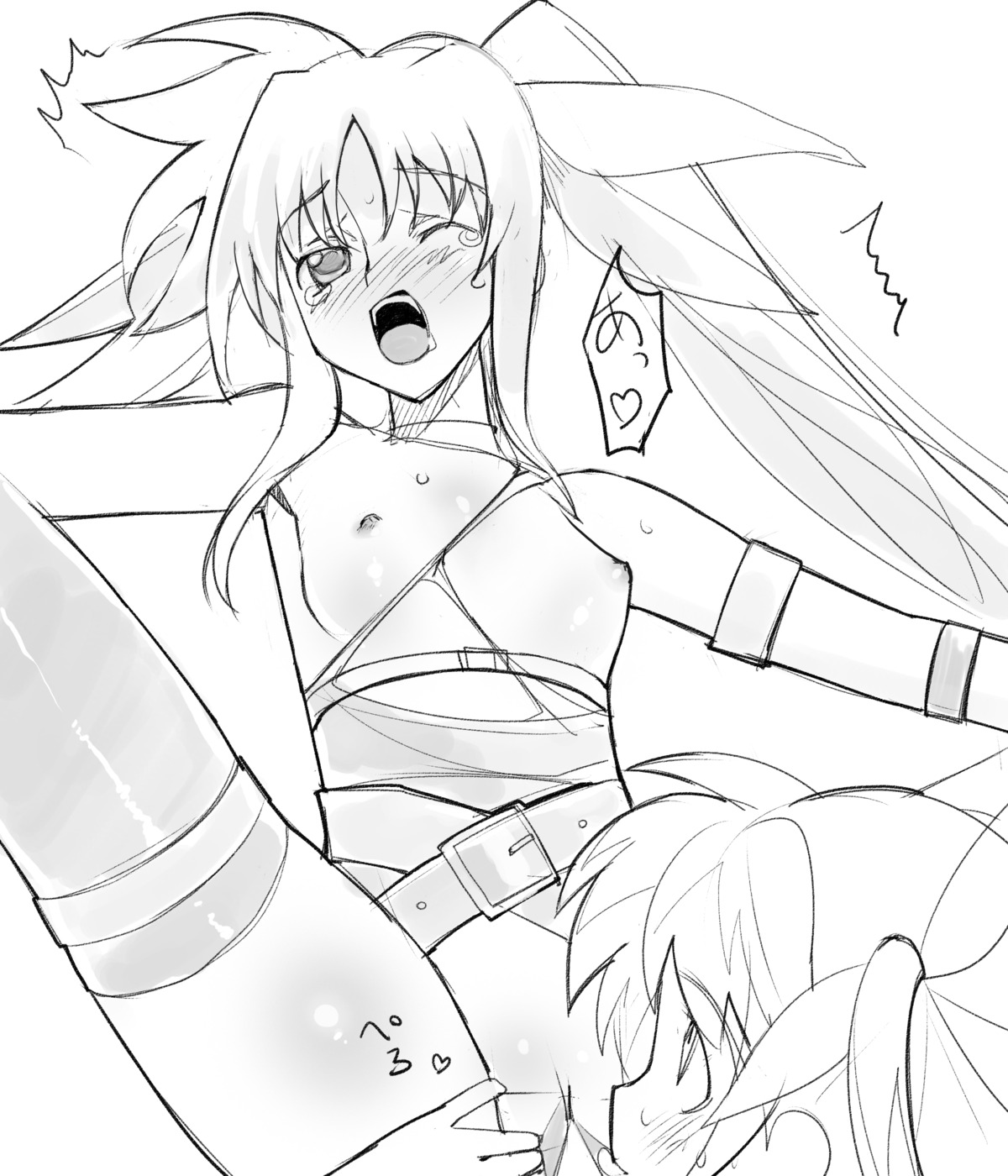 a1 breasts censored fate_testarossa initial-g mahou_shoujo_lyrical_nanoha monochrome nipples nopan pussy takamachi_nanoha torn_clothes yuri