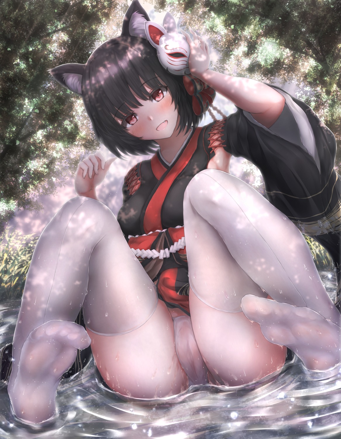 absent animal_ears azur_lane feet japanese_clothes pantsu pussy see_through skirt_lift thighhighs uncensored wardrobe_malfunction wet wet_clothes yamashiro_(azur_lane)