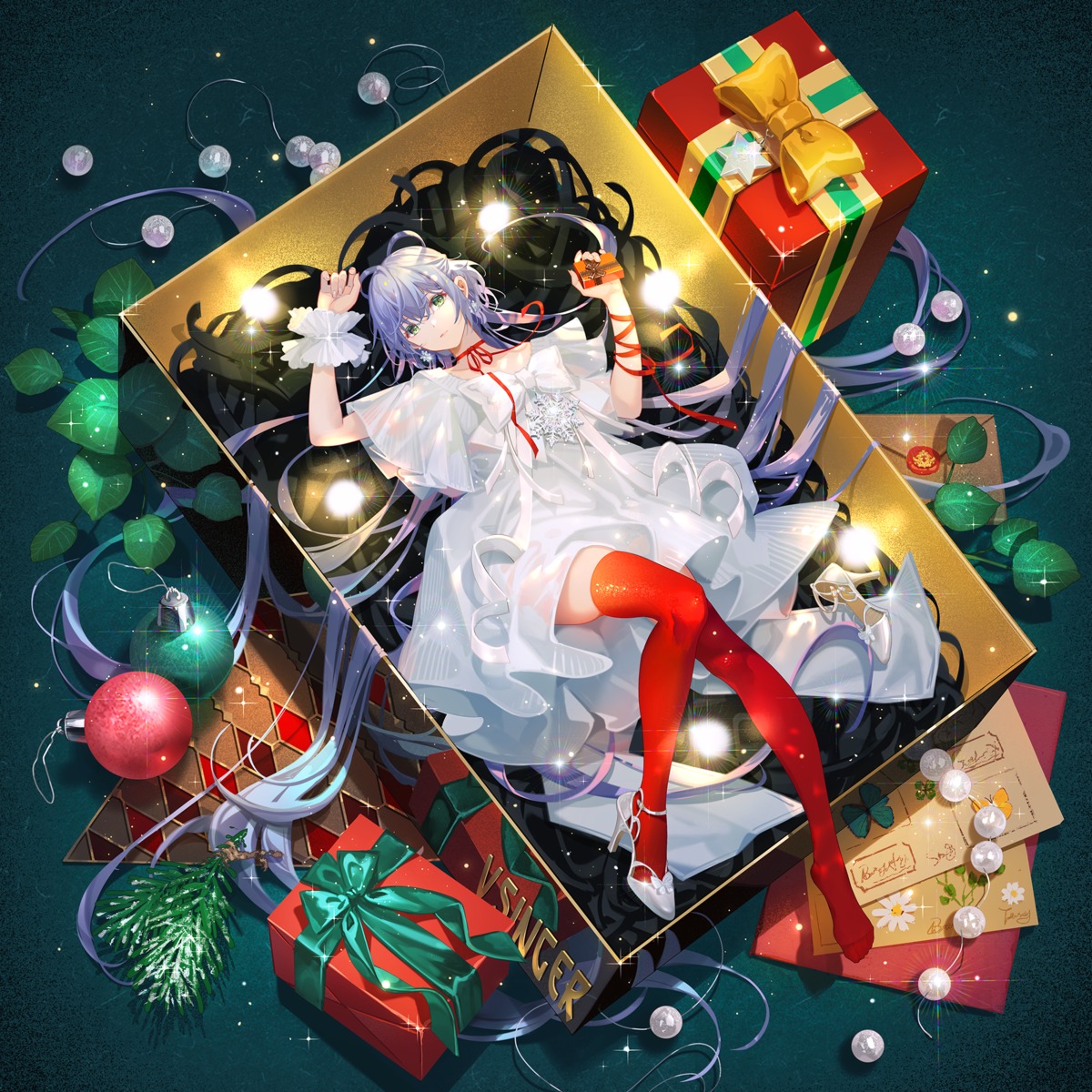 christmas dress heels luo_tianyi see_through skirt_lift thighhighs tidsean vocaloid